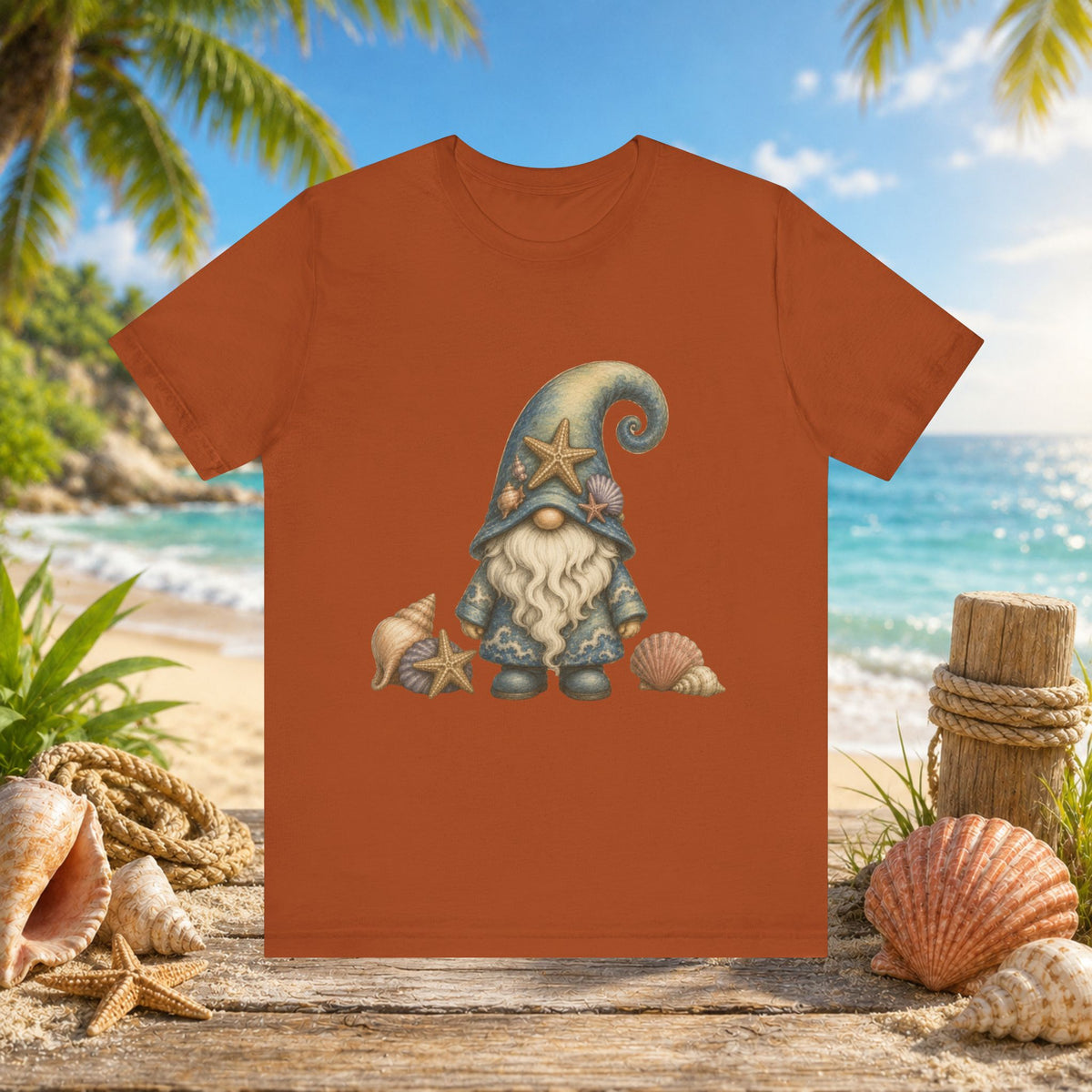 Beach Gnome with Seashells and Starfish | Coastal Nautical Fantasy Art