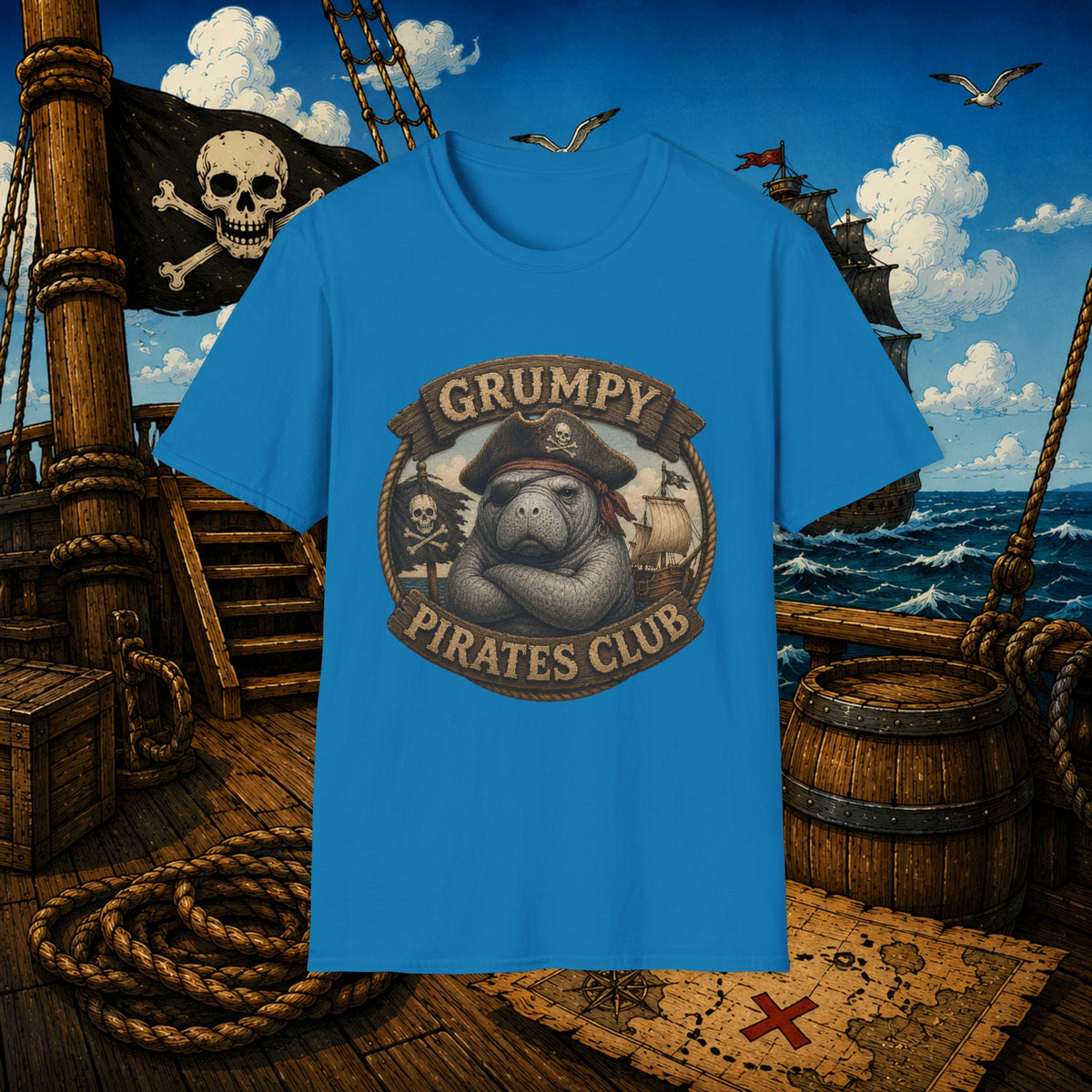Grumpy Pirates Club Manatee T-Shirt | Funny Pirate Manatee Coastal Humor Tee