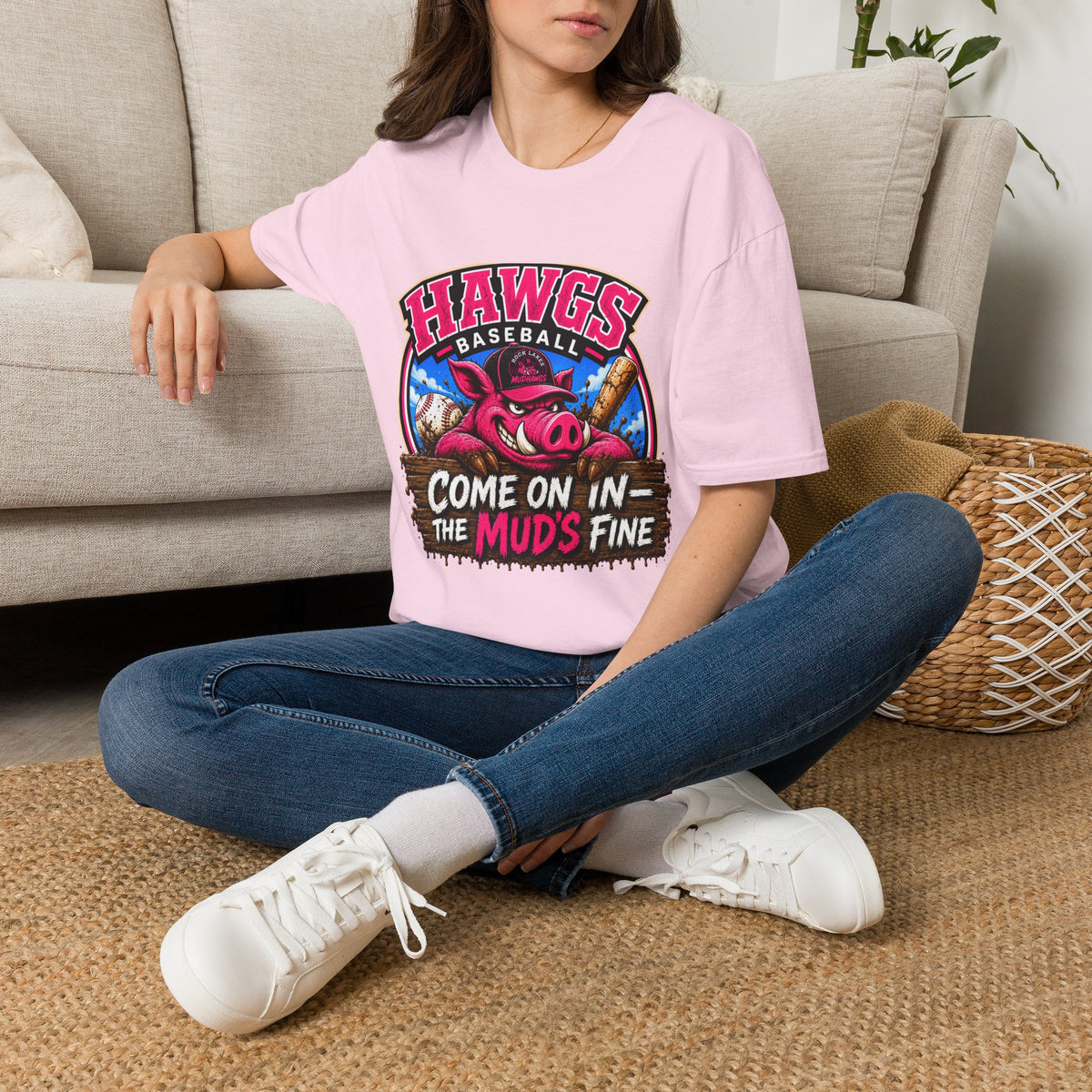 Rock Lakes Mud Hawgs Baseball Shirt | Come On In The Mud's Fine | Funny Pig Baseball Team Tee
