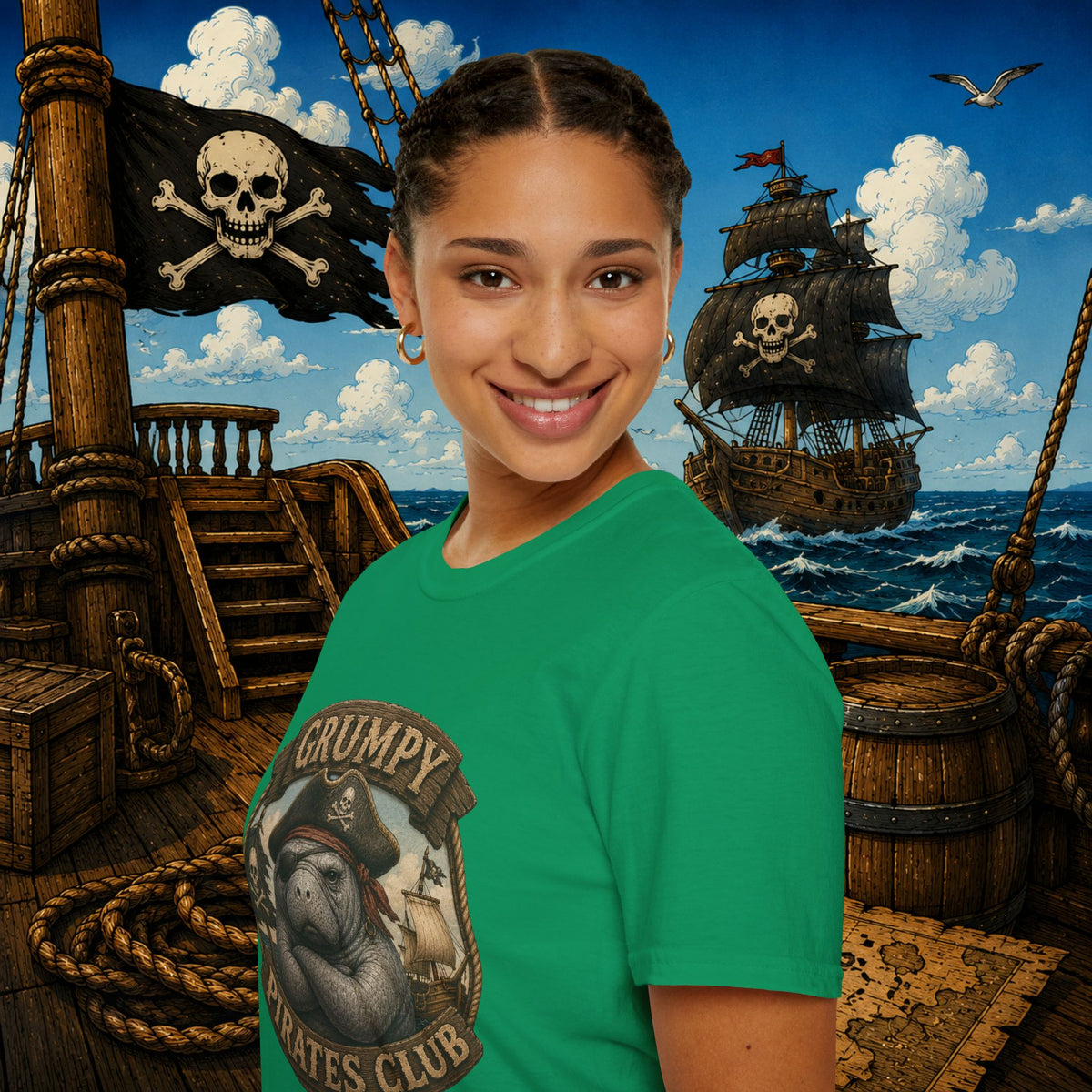 Grumpy Pirates Club Manatee T-Shirt | Funny Pirate Manatee Coastal Humor Tee
