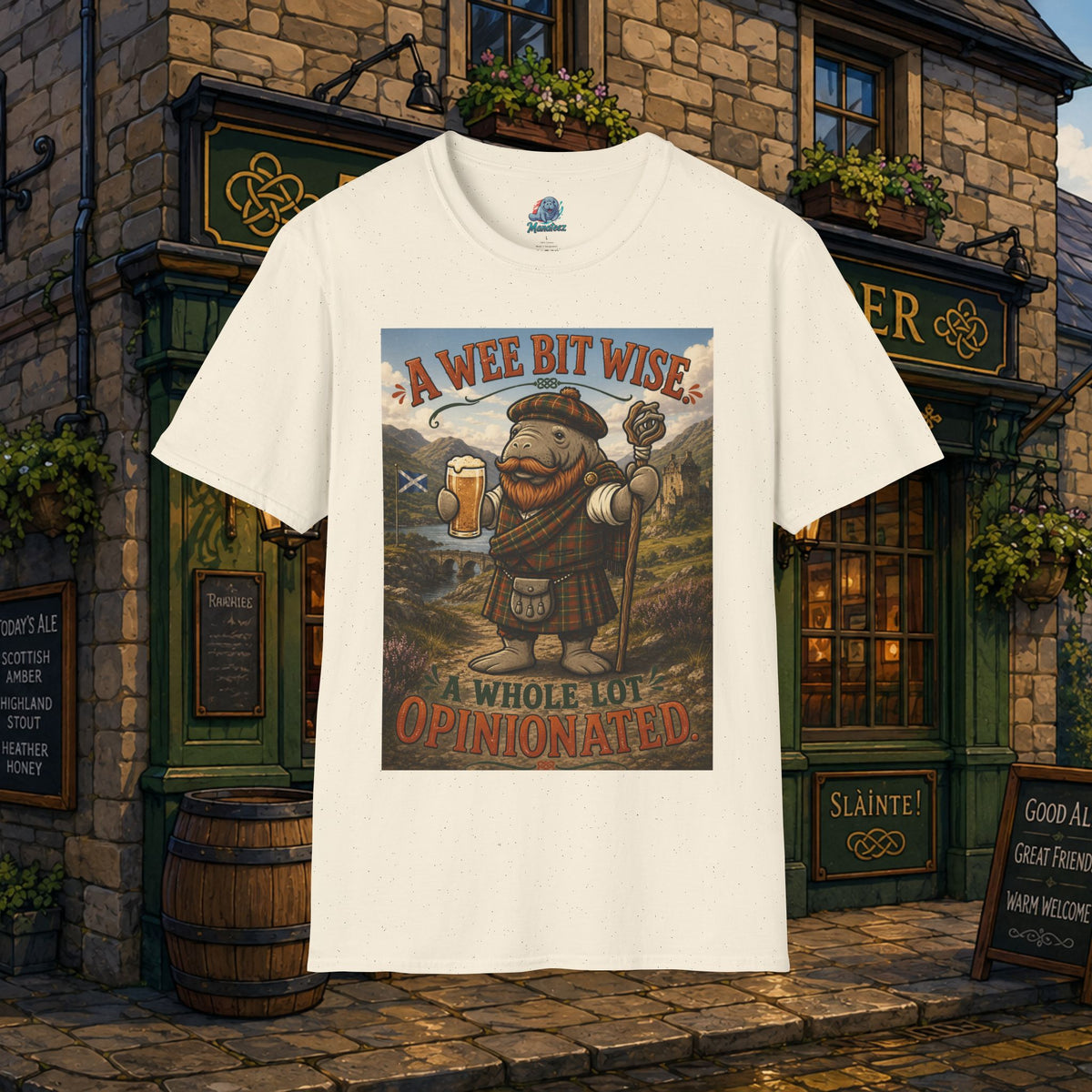 A Wee Bit Wise A Whole Lot Opinionated Shirt | Funny Scottish Manatee Tee | Highland Humor Graphic T-Shirt
