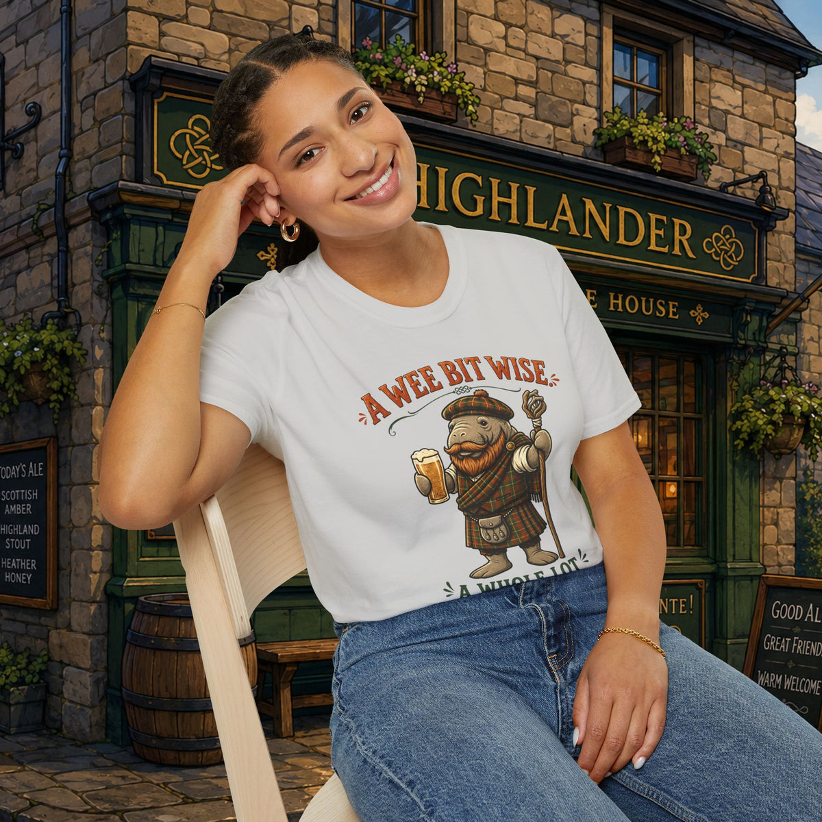 A Wee Bit Wise A Whole Lot Opinionated Shirt | Funny Scottish Manatee Tee | Highland Humor Graphic T-Shirt