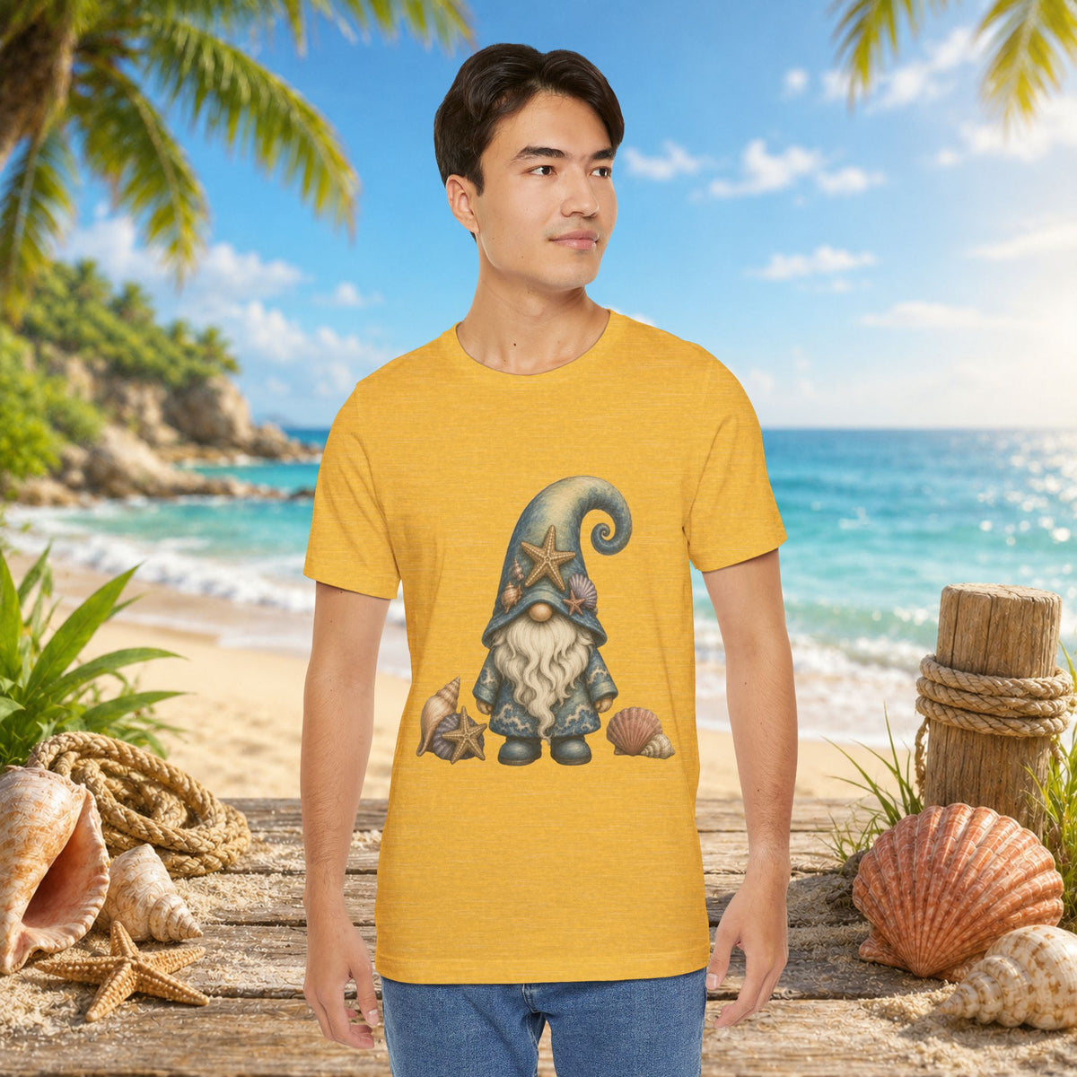 Beach Gnome with Seashells and Starfish | Coastal Nautical Fantasy Art