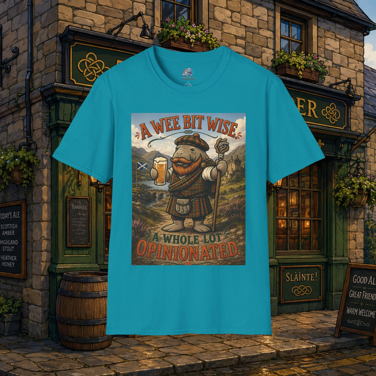 A Wee Bit Wise A Whole Lot Opinionated Shirt | Funny Scottish Manatee Tee | Highland Humor Graphic T-Shirt