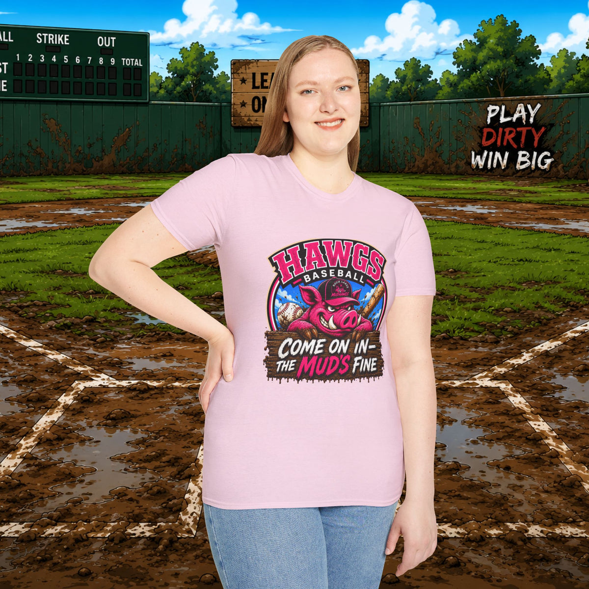 Rock Lakes Mud Hawgs Baseball Shirt | Come On In The Mud's Fine | Funny Pig Baseball Team Tee