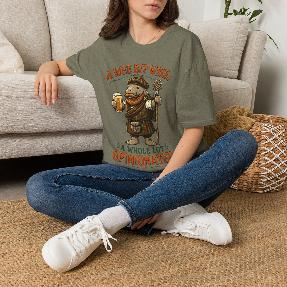 A Wee Bit Wise A Whole Lot Opinionated Shirt | Funny Scottish Manatee Tee | Highland Humor Graphic T-Shirt