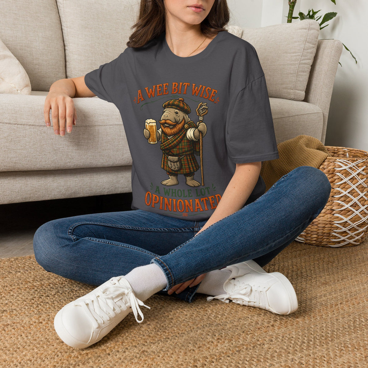 A Wee Bit Wise A Whole Lot Opinionated Shirt | Funny Scottish Manatee Tee | Highland Humor Graphic T-Shirt