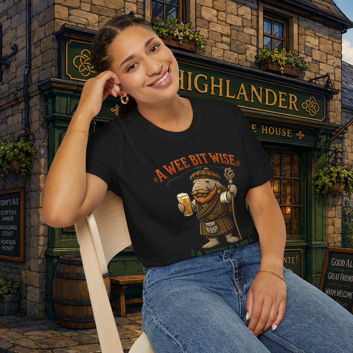 A Wee Bit Wise A Whole Lot Opinionated Shirt | Funny Scottish Manatee Tee | Highland Humor Graphic T-Shirt