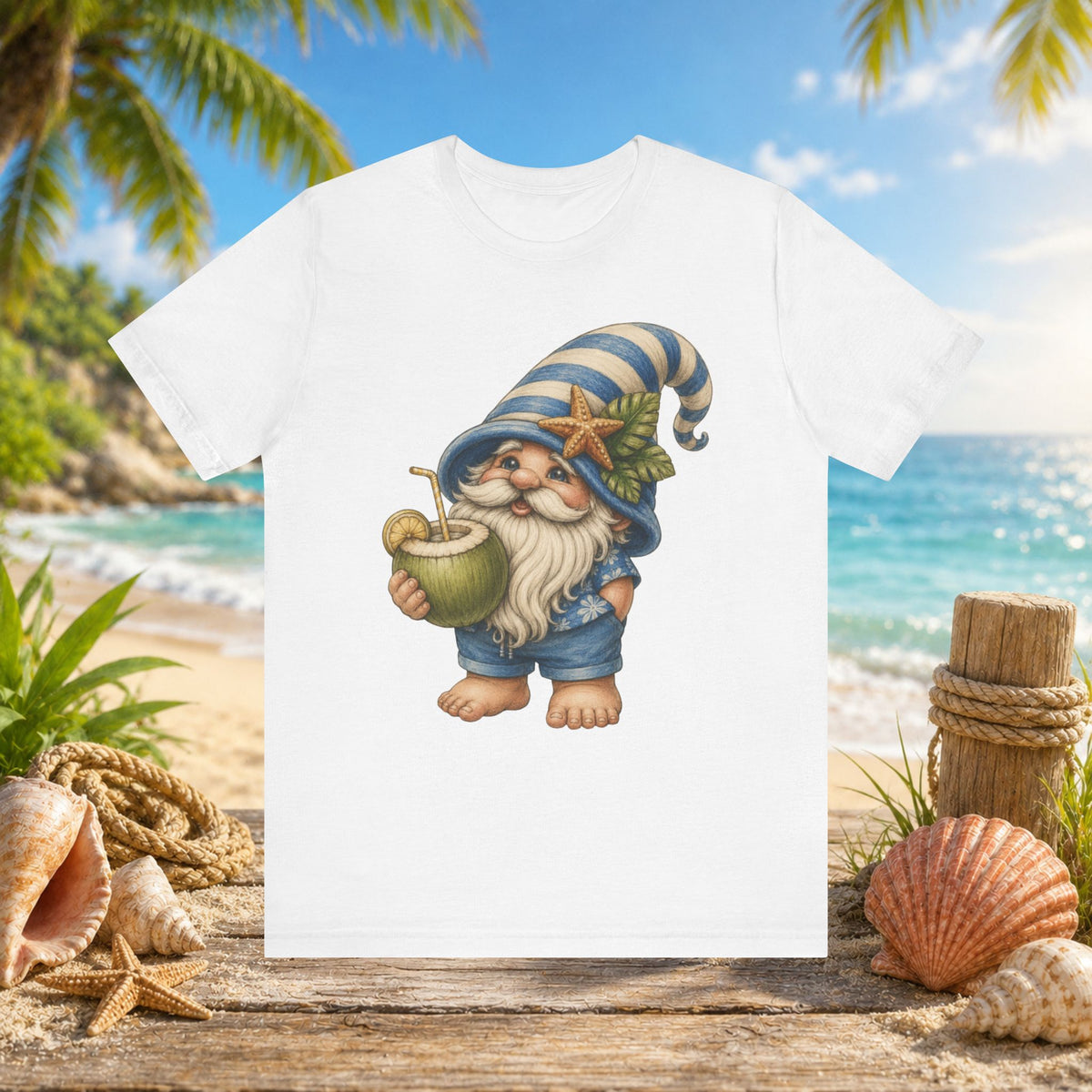 Beach Gnome Drinking Coconut | Coastal Summer Gnome Illustration