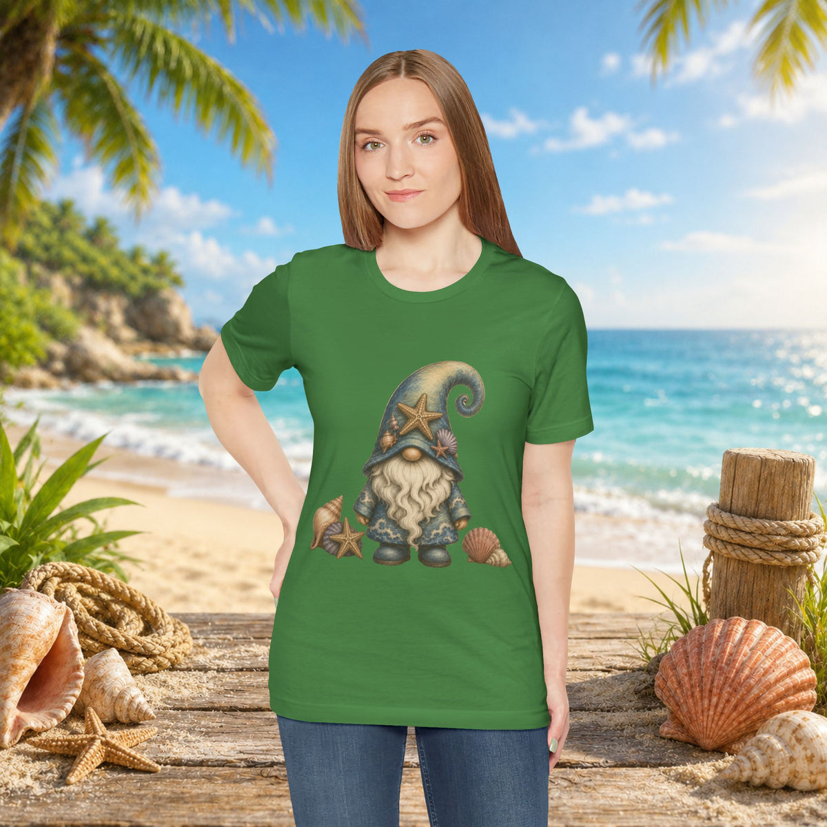 Beach Gnome with Seashells and Starfish | Coastal Nautical Fantasy Art