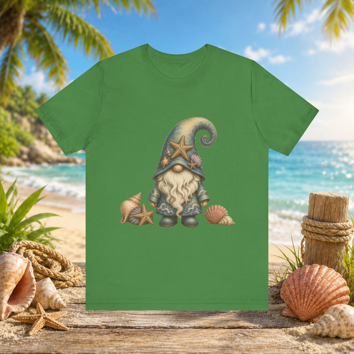 Beach Gnome with Seashells and Starfish | Coastal Nautical Fantasy Art