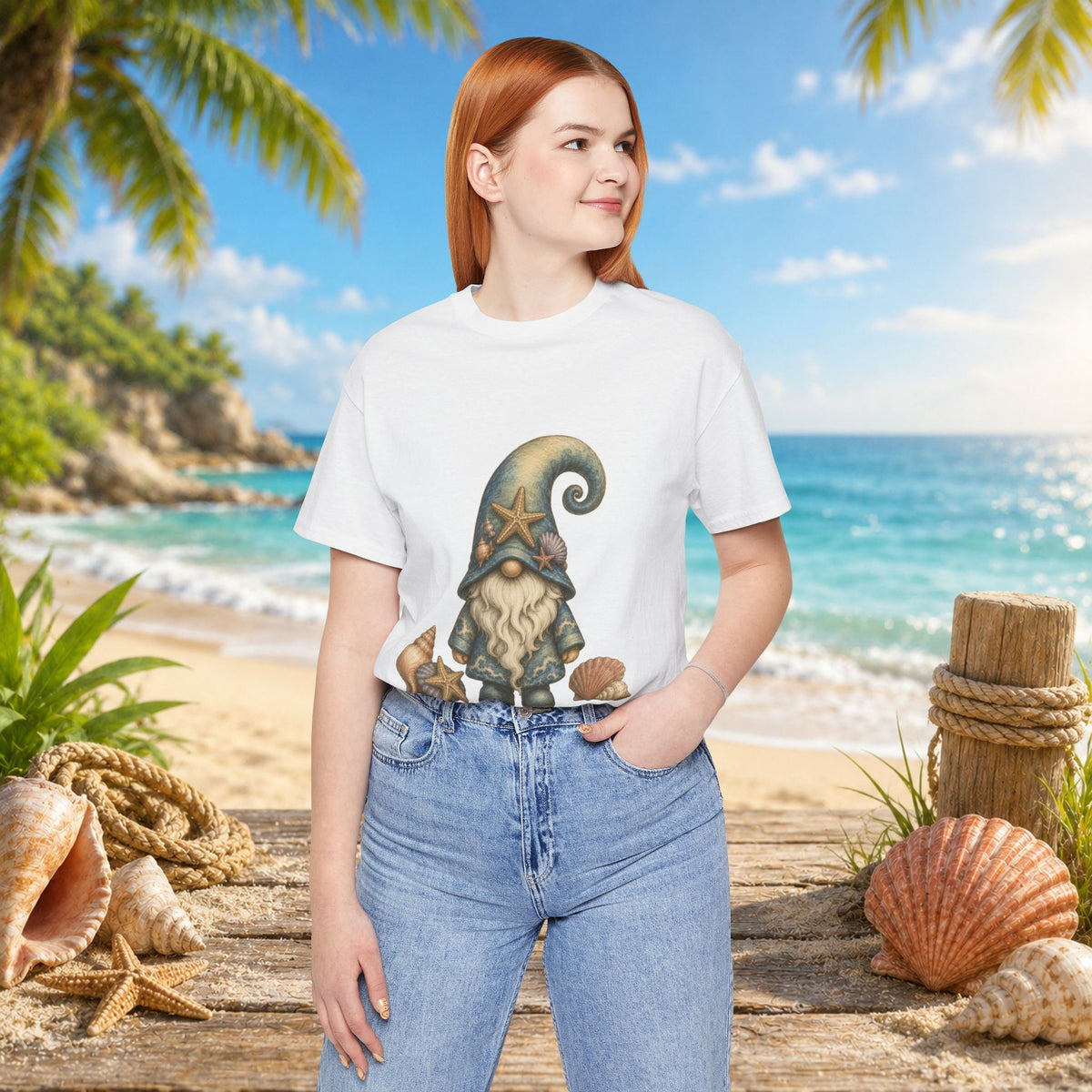 Beach Gnome with Seashells and Starfish | Coastal Nautical Fantasy Art