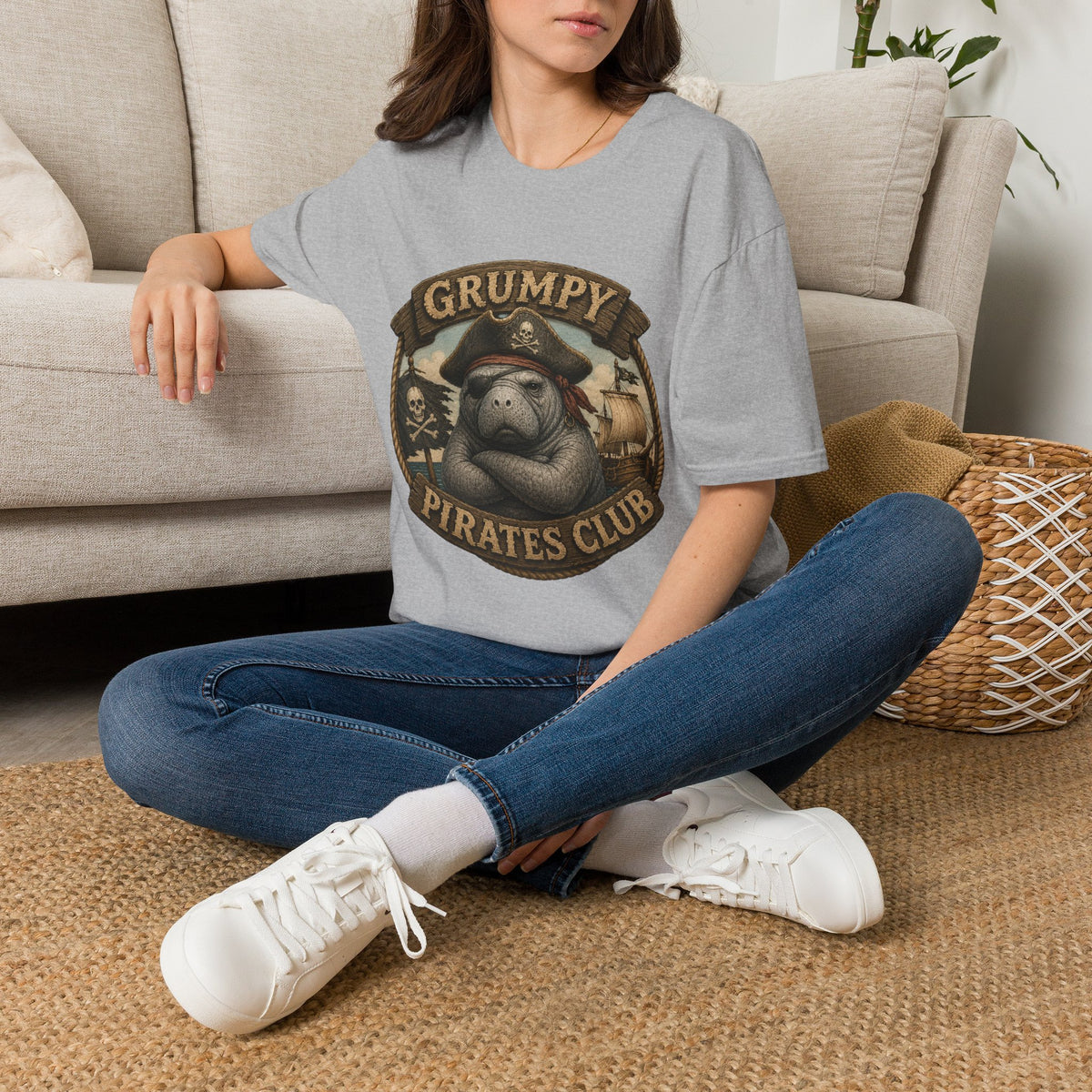 Grumpy Pirates Club Manatee T-Shirt | Funny Pirate Manatee Coastal Humor Tee
