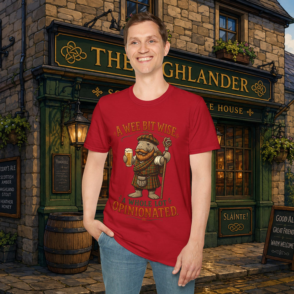 A Wee Bit Wise A Whole Lot Opinionated Shirt | Funny Scottish Manatee Tee | Highland Humor Graphic T-Shirt