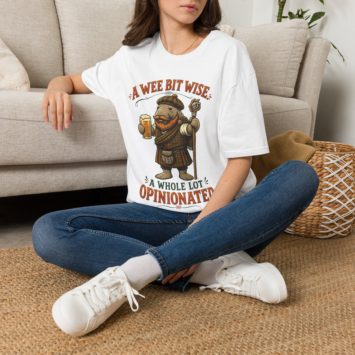 A Wee Bit Wise A Whole Lot Opinionated Shirt | Funny Scottish Manatee Tee | Highland Humor Graphic T-Shirt