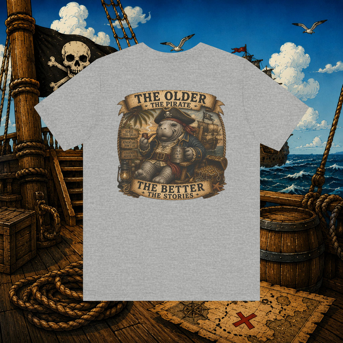 The Older the Pirate, The Better the Stories | Grumpy Pirate Club Manatee T-Shirt