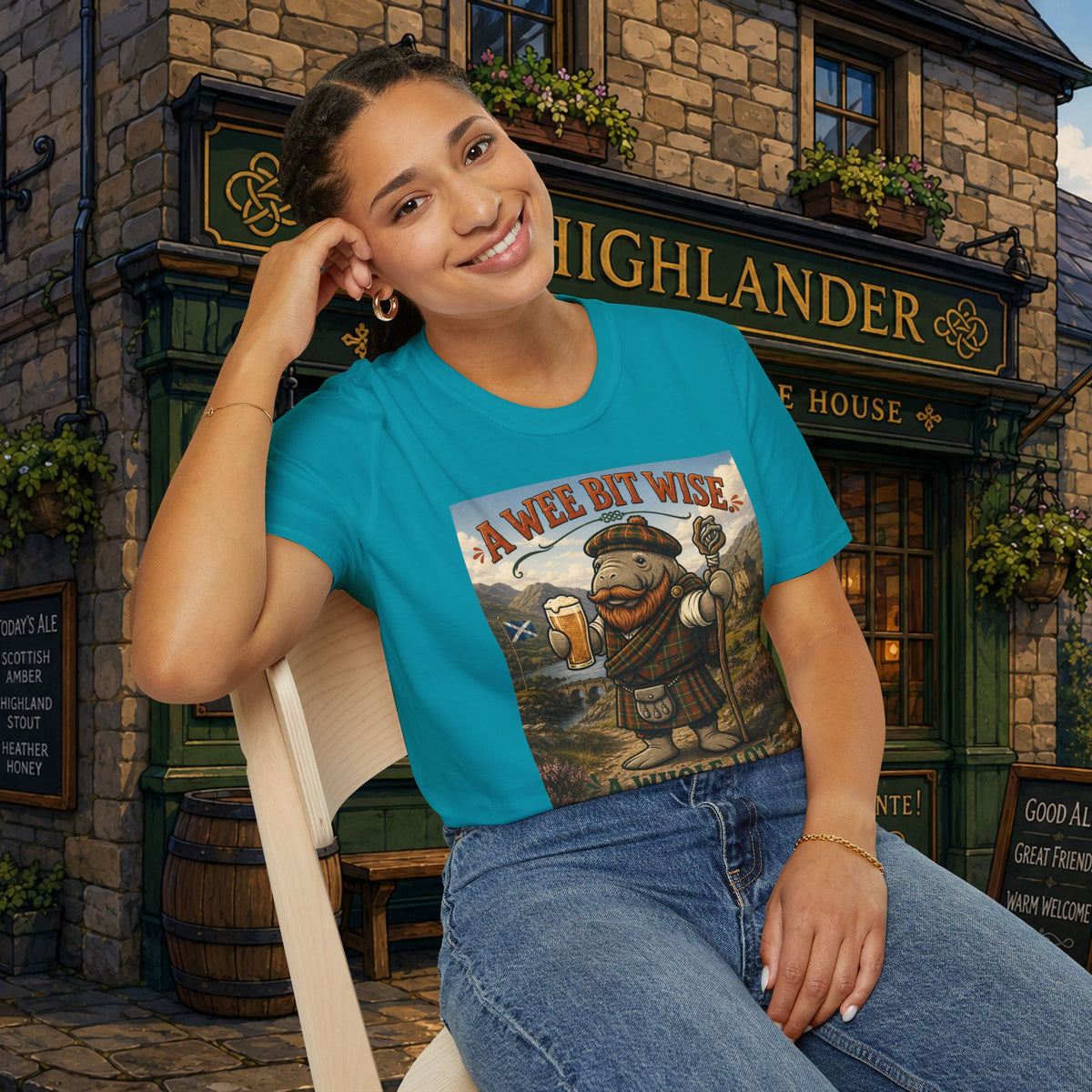 A Wee Bit Wise A Whole Lot Opinionated Shirt | Funny Scottish Manatee Tee | Highland Humor Graphic T-Shirt
