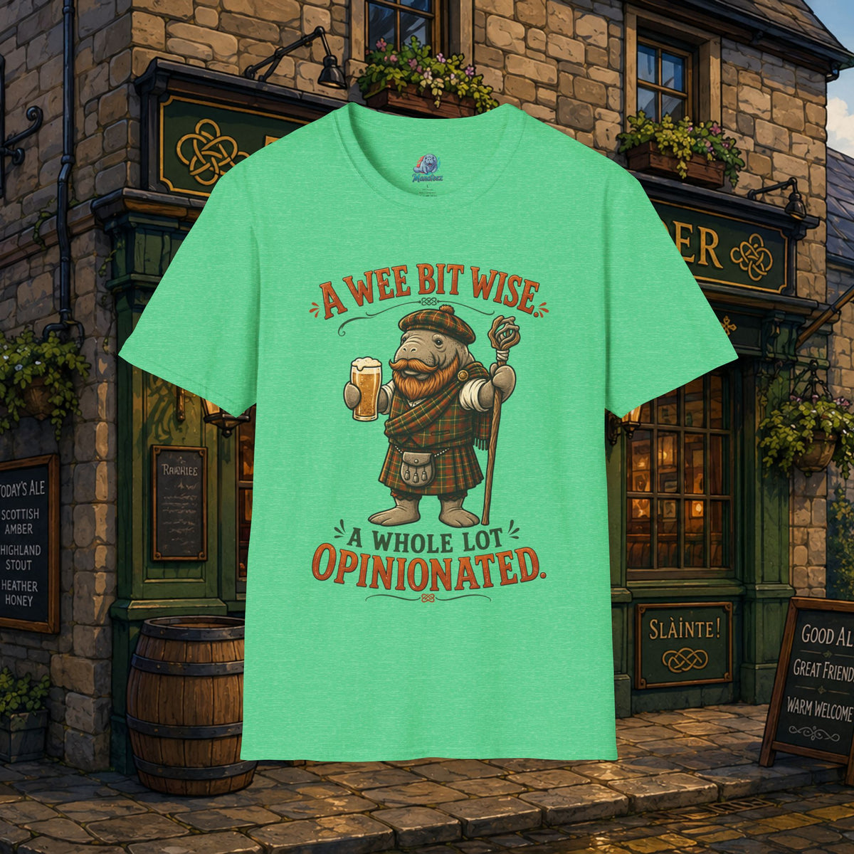 A Wee Bit Wise A Whole Lot Opinionated Shirt | Funny Scottish Manatee Tee | Highland Humor Graphic T-Shirt