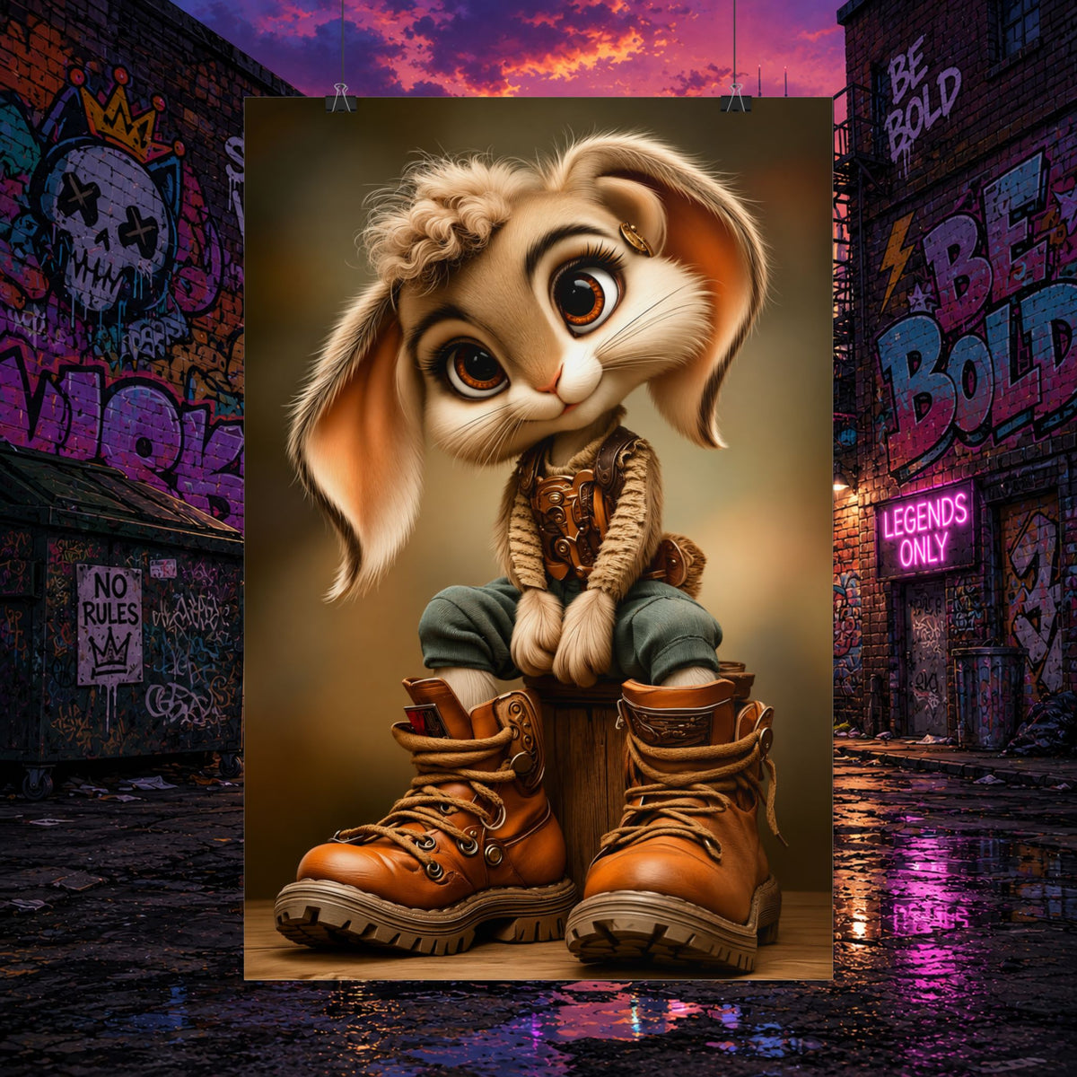Cute Whimsical Bunny in Combat Boots Rolled Poster