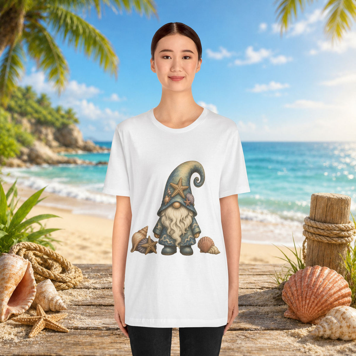 Beach Gnome with Seashells and Starfish | Coastal Nautical Fantasy Art