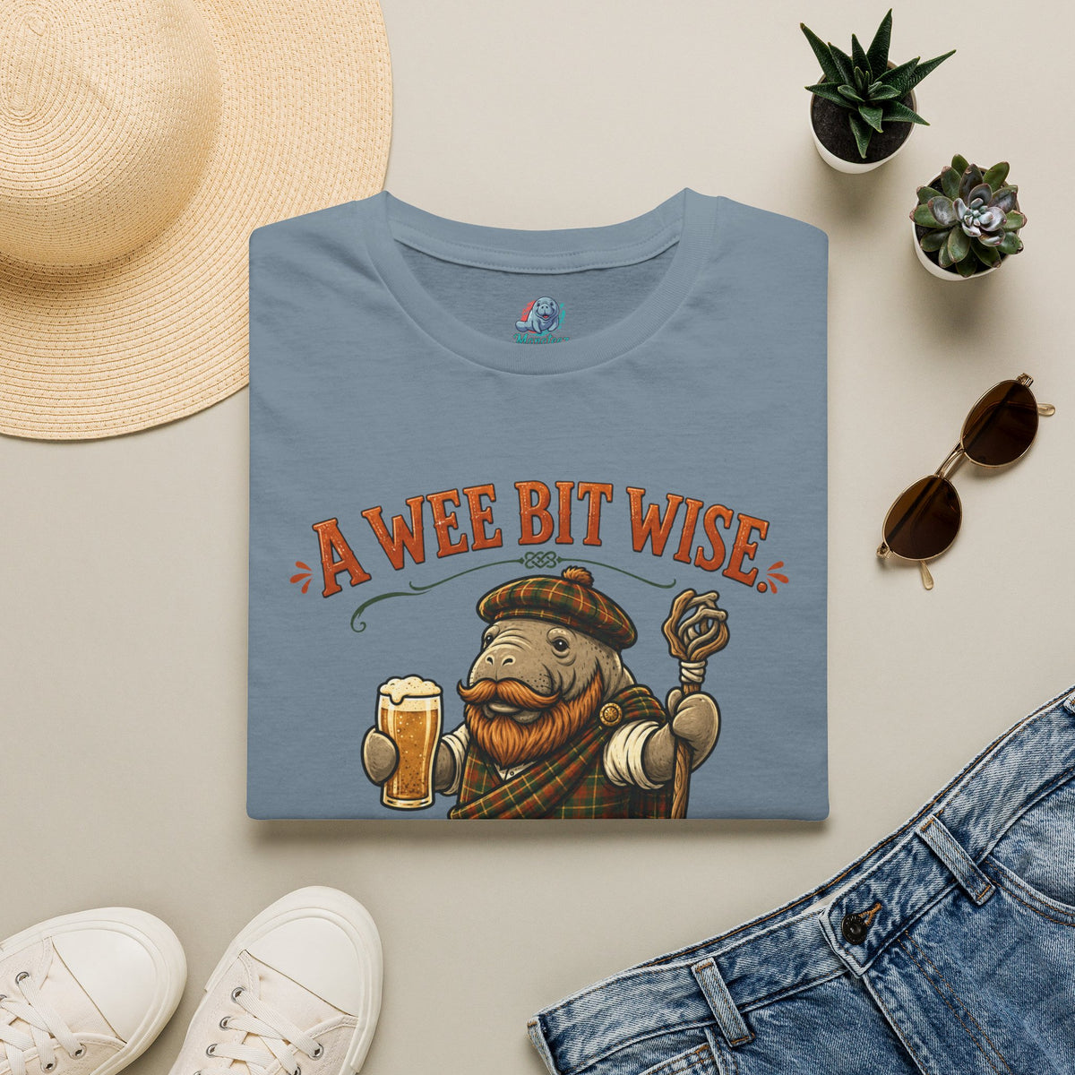 A Wee Bit Wise A Whole Lot Opinionated Shirt | Funny Scottish Manatee Tee | Highland Humor Graphic T-Shirt