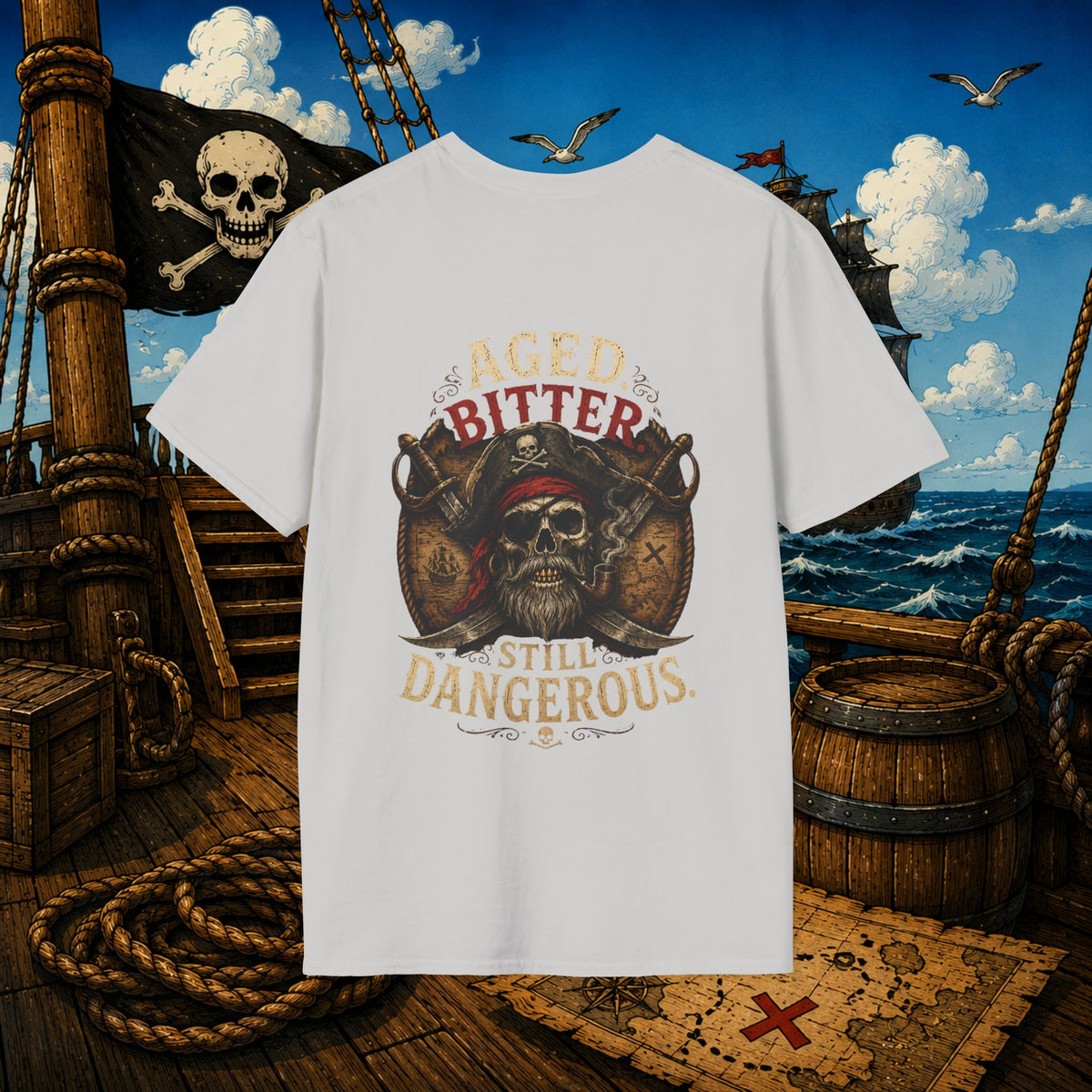 Aged Bitter Still Dangerous Pirate Skull Shirt – Funny Old Pirate Graphic Tee