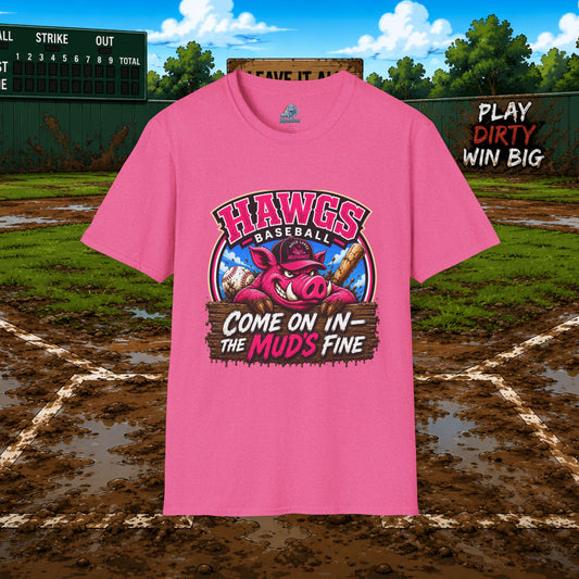 Rock Lakes Mud Hawgs Baseball Shirt | Come On In The Mud's Fine | Funny Pig Baseball Team Tee