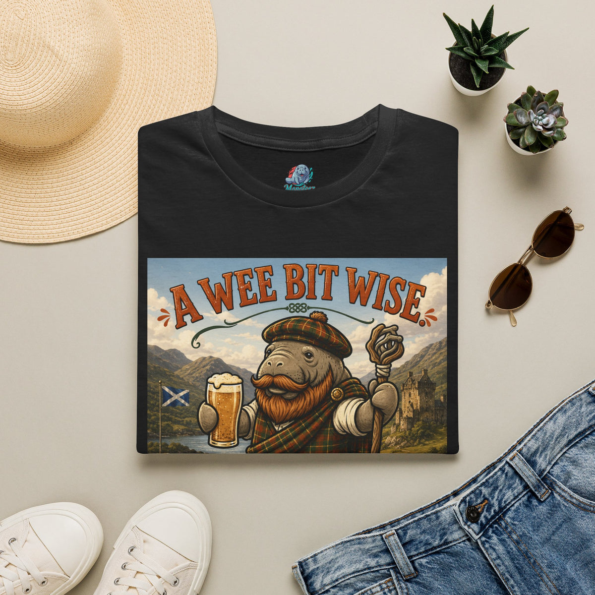 A Wee Bit Wise A Whole Lot Opinionated Shirt | Funny Scottish Manatee Tee | Highland Humor Graphic T-Shirt