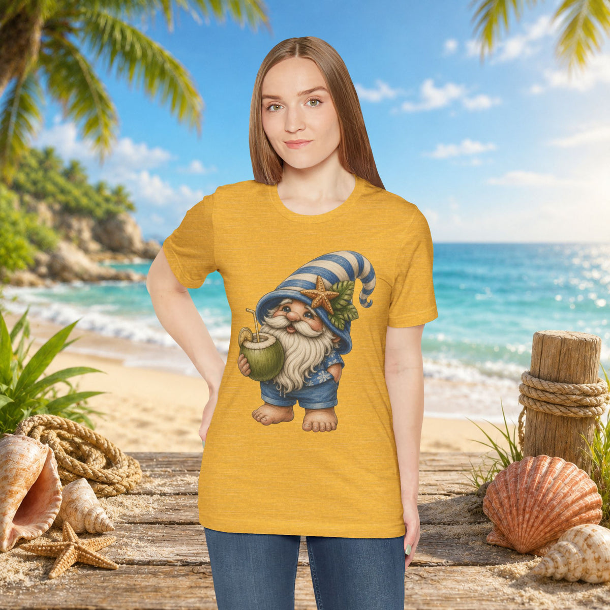 Beach Gnome Drinking Coconut | Coastal Summer Gnome Illustration