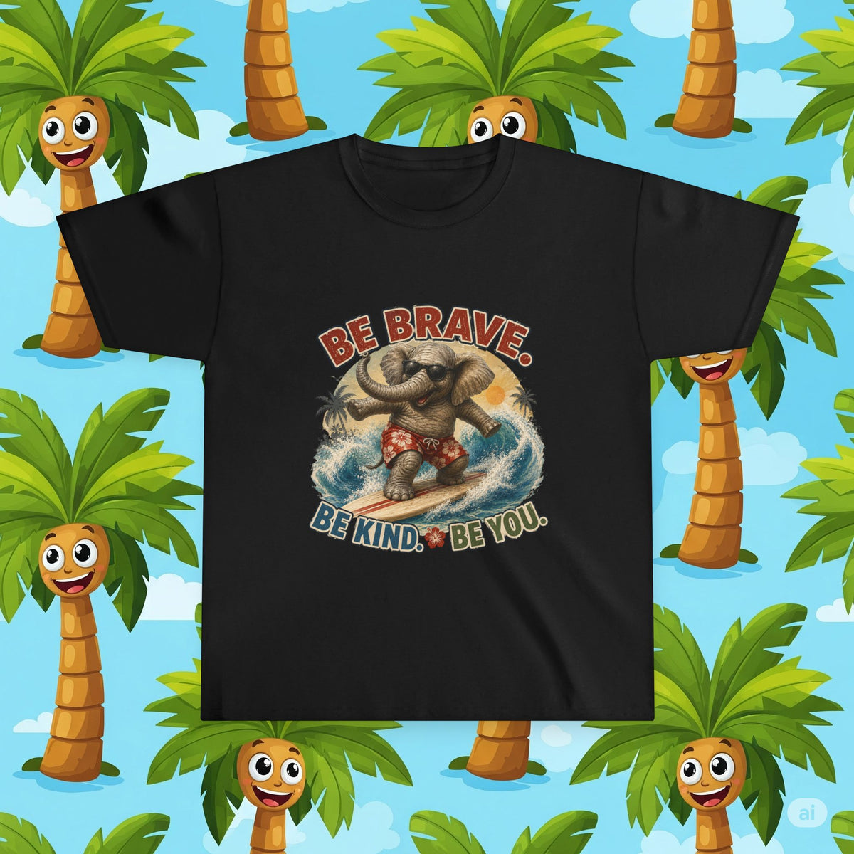 Be Brave. Be Kind. Be You. Elephant Surfing T-Shirt | Cute Inspirational Animal Shirt
