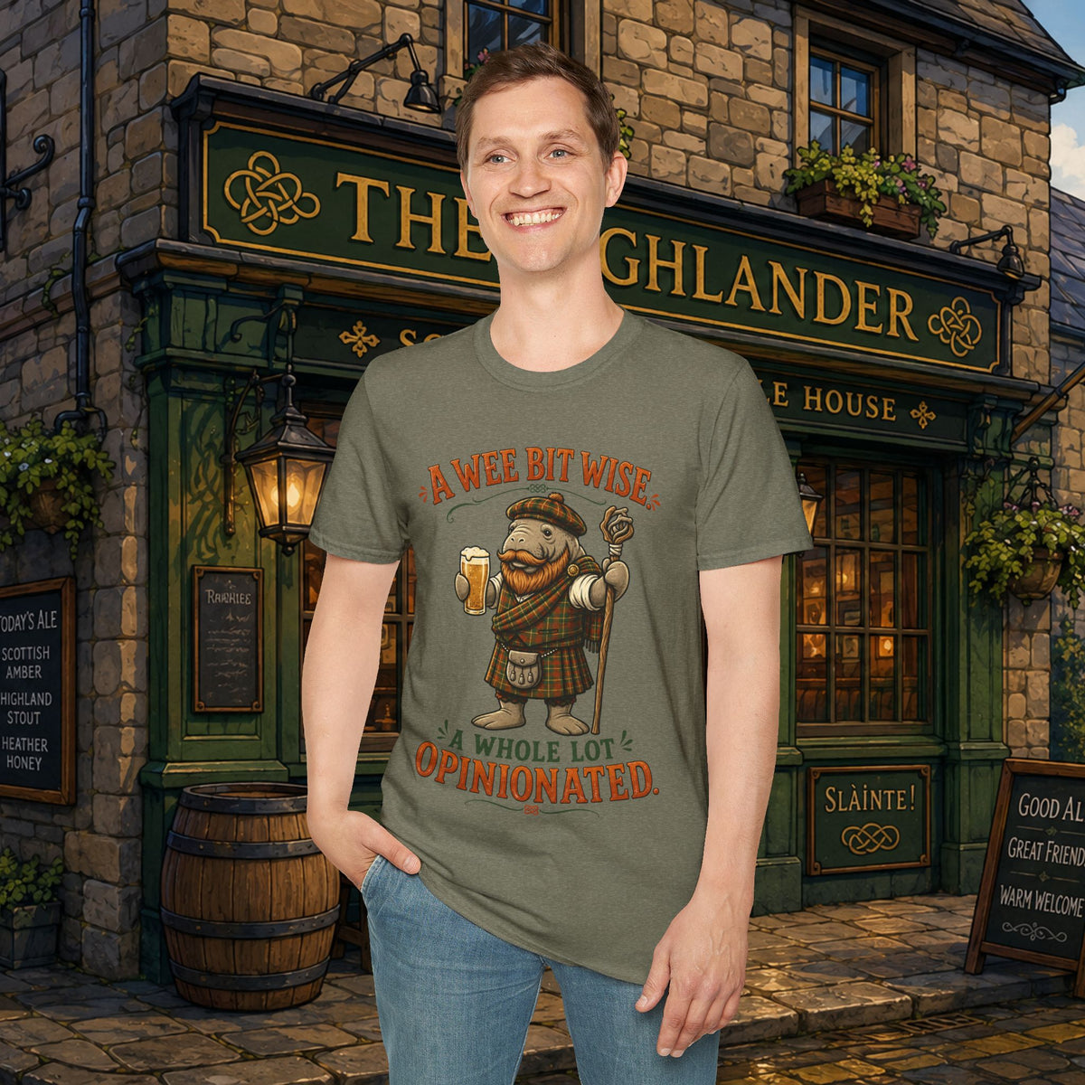 A Wee Bit Wise A Whole Lot Opinionated Shirt | Funny Scottish Manatee Tee | Highland Humor Graphic T-Shirt