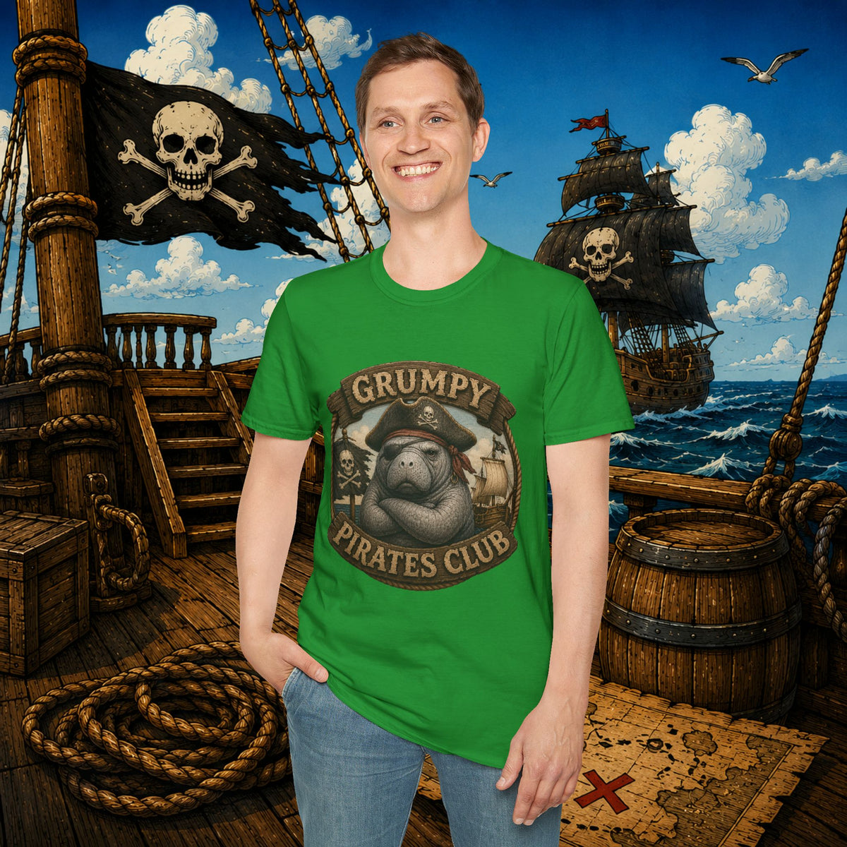 Grumpy Pirates Club Manatee T-Shirt | Funny Pirate Manatee Coastal Humor Tee