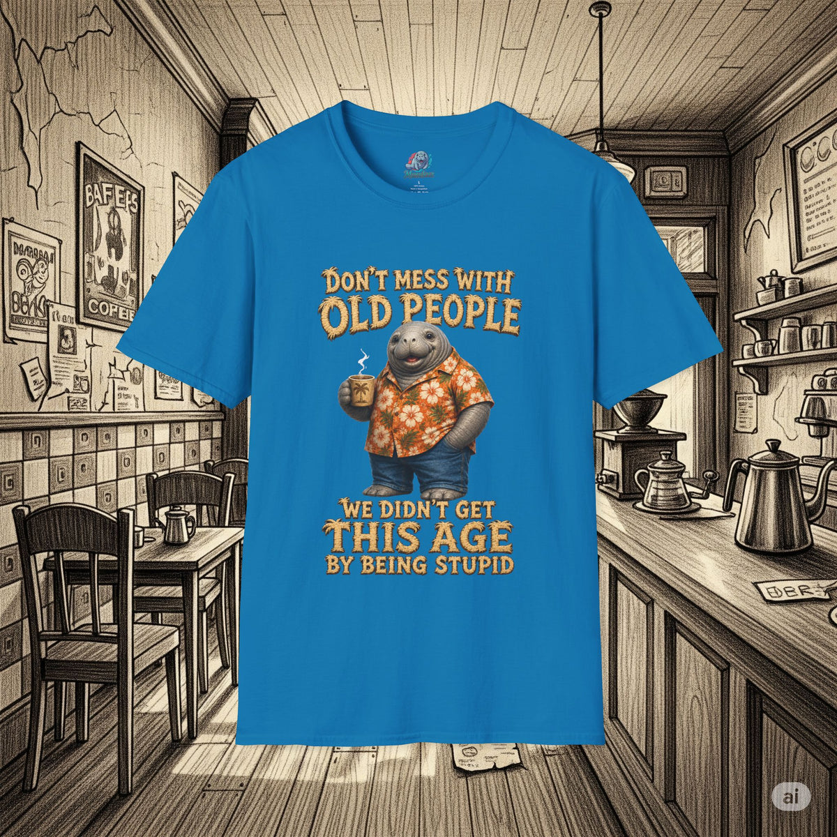 Don't Mess With Old People Shirt | Funny Manatee Humor Tee | We Didn't Get This Age By Being Stupid no background