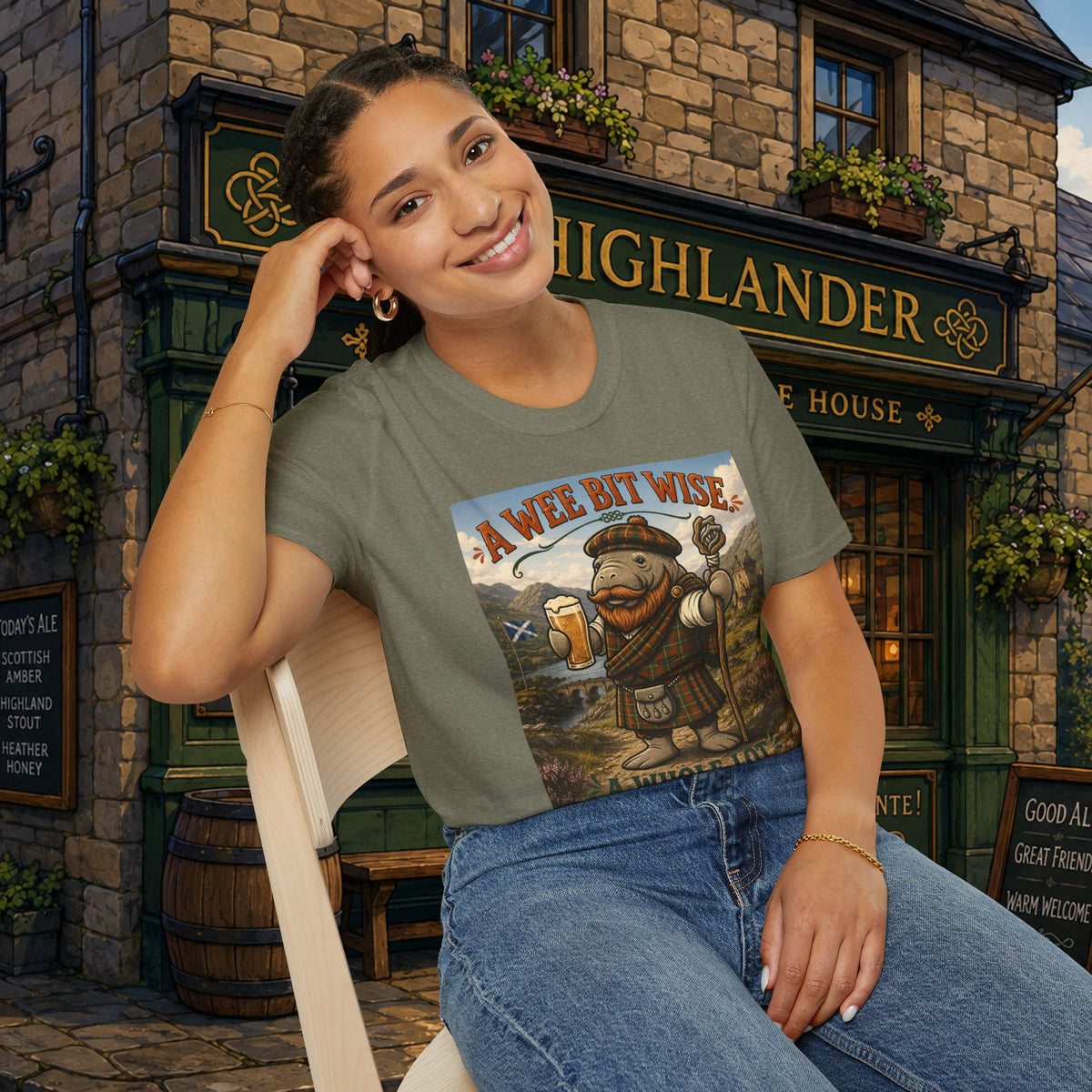 A Wee Bit Wise A Whole Lot Opinionated Shirt | Funny Scottish Manatee Tee | Highland Humor Graphic T-Shirt