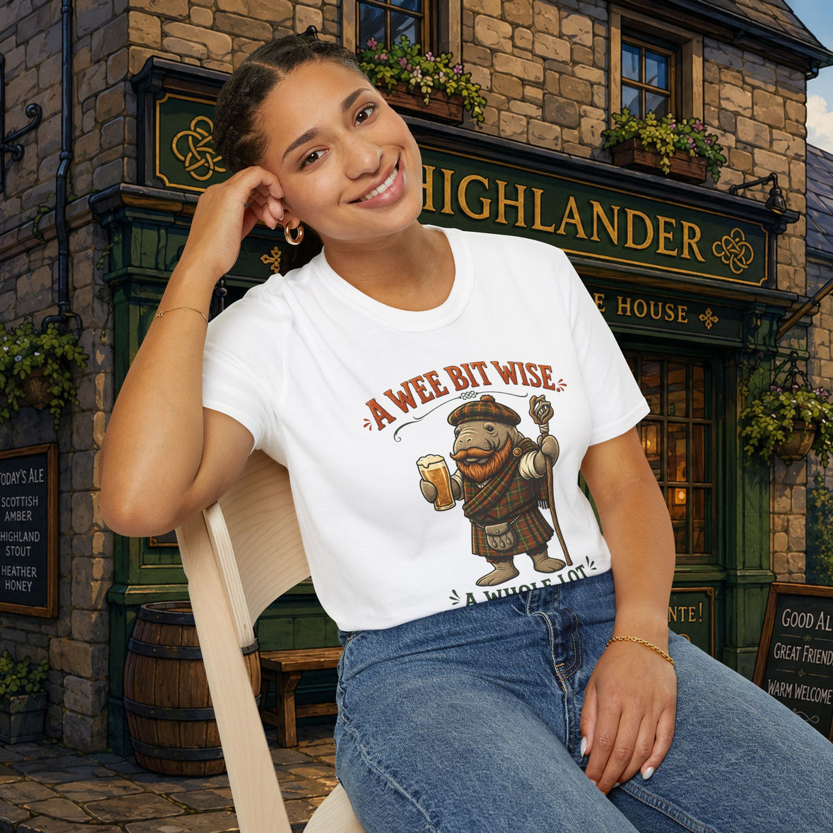 A Wee Bit Wise A Whole Lot Opinionated Shirt | Funny Scottish Manatee Tee | Highland Humor Graphic T-Shirt