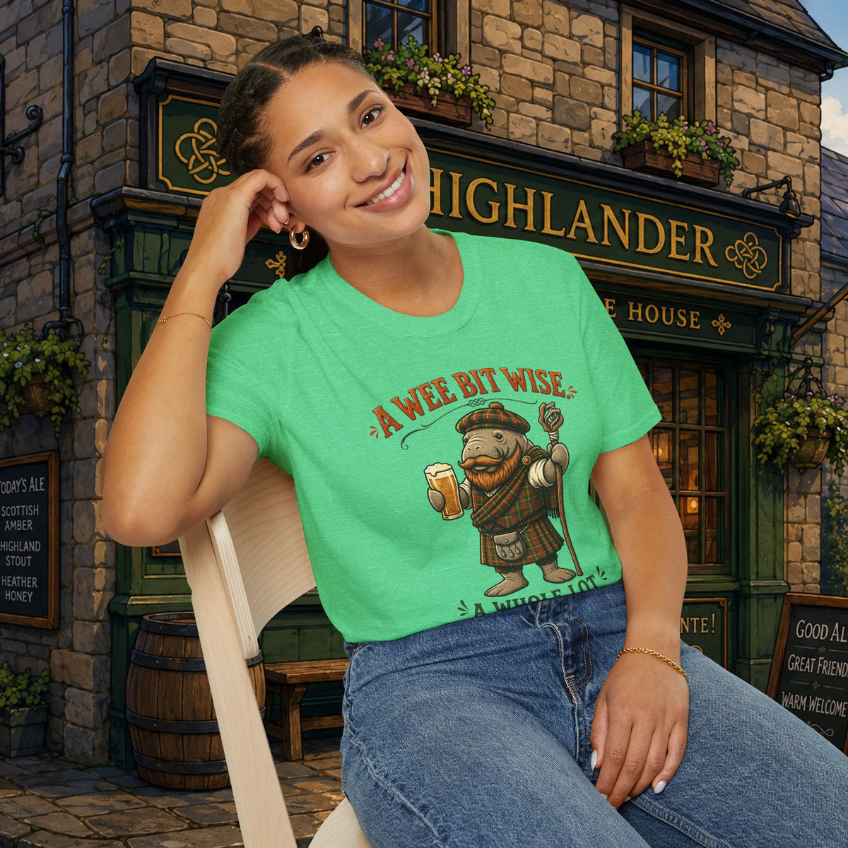 A Wee Bit Wise A Whole Lot Opinionated Shirt | Funny Scottish Manatee Tee | Highland Humor Graphic T-Shirt