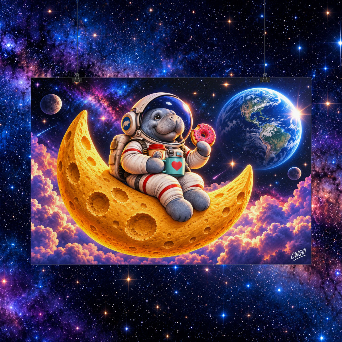 Astronaut Manatee on Crescent Moon Rolled Poster
