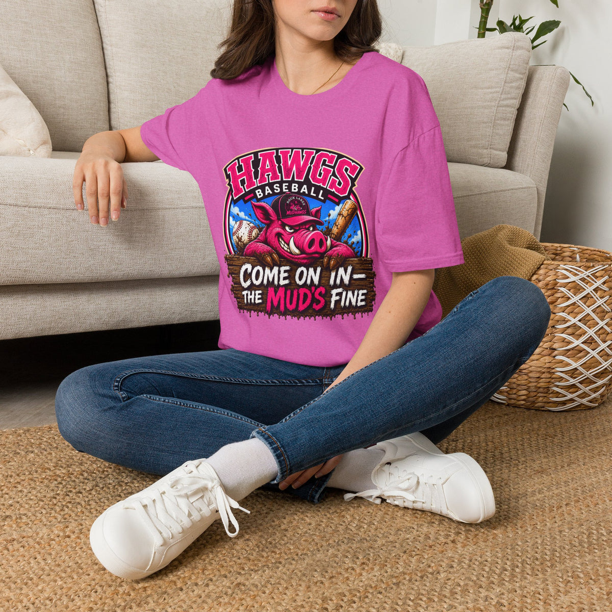 Rock Lakes Mud Hawgs Baseball Shirt | Come On In The Mud's Fine | Funny Pig Baseball Team Tee