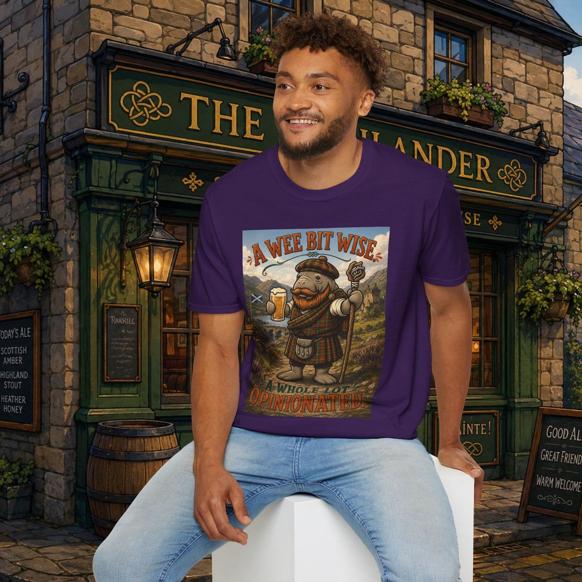A Wee Bit Wise A Whole Lot Opinionated Shirt | Funny Scottish Manatee Tee | Highland Humor Graphic T-Shirt