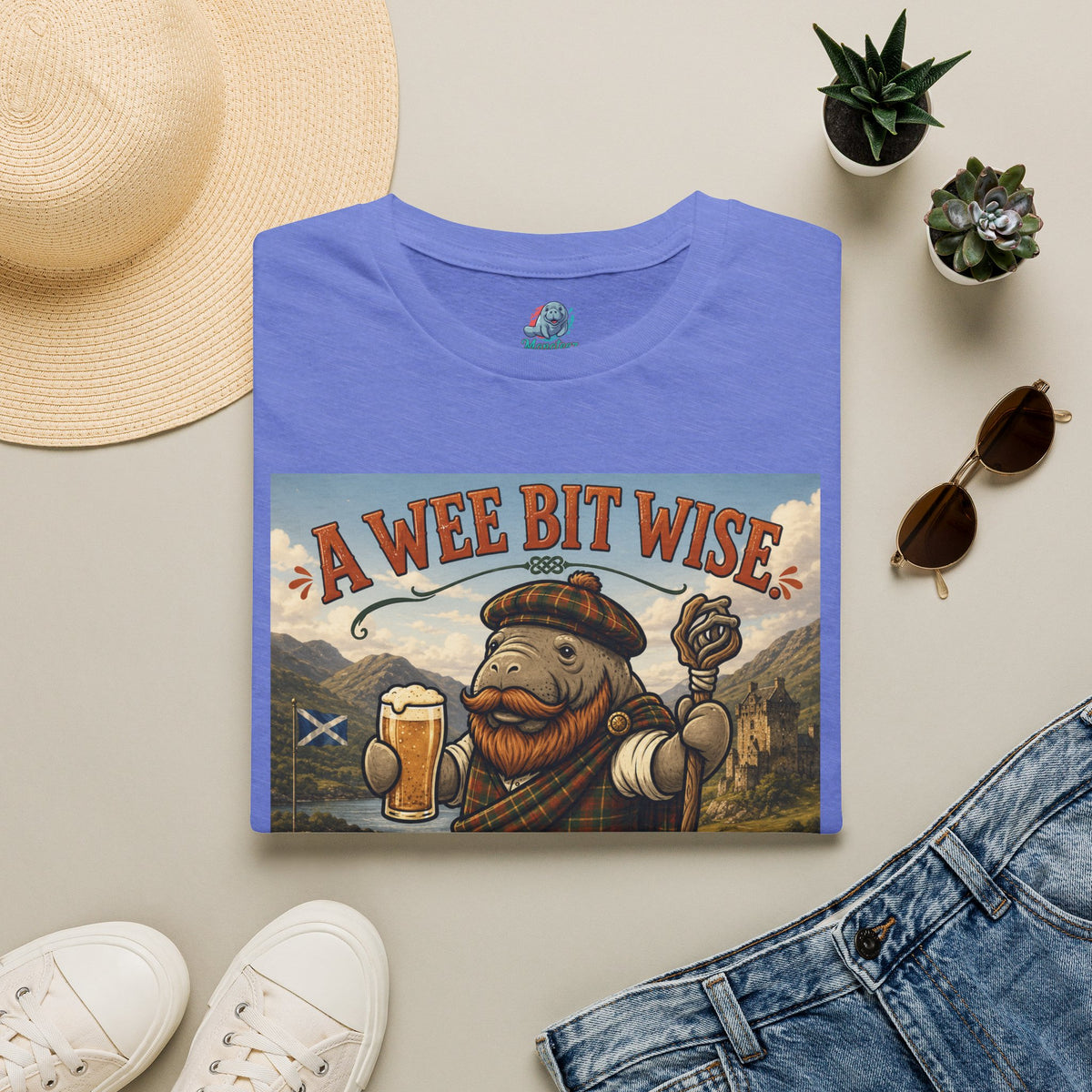 A Wee Bit Wise A Whole Lot Opinionated Shirt | Funny Scottish Manatee Tee | Highland Humor Graphic T-Shirt