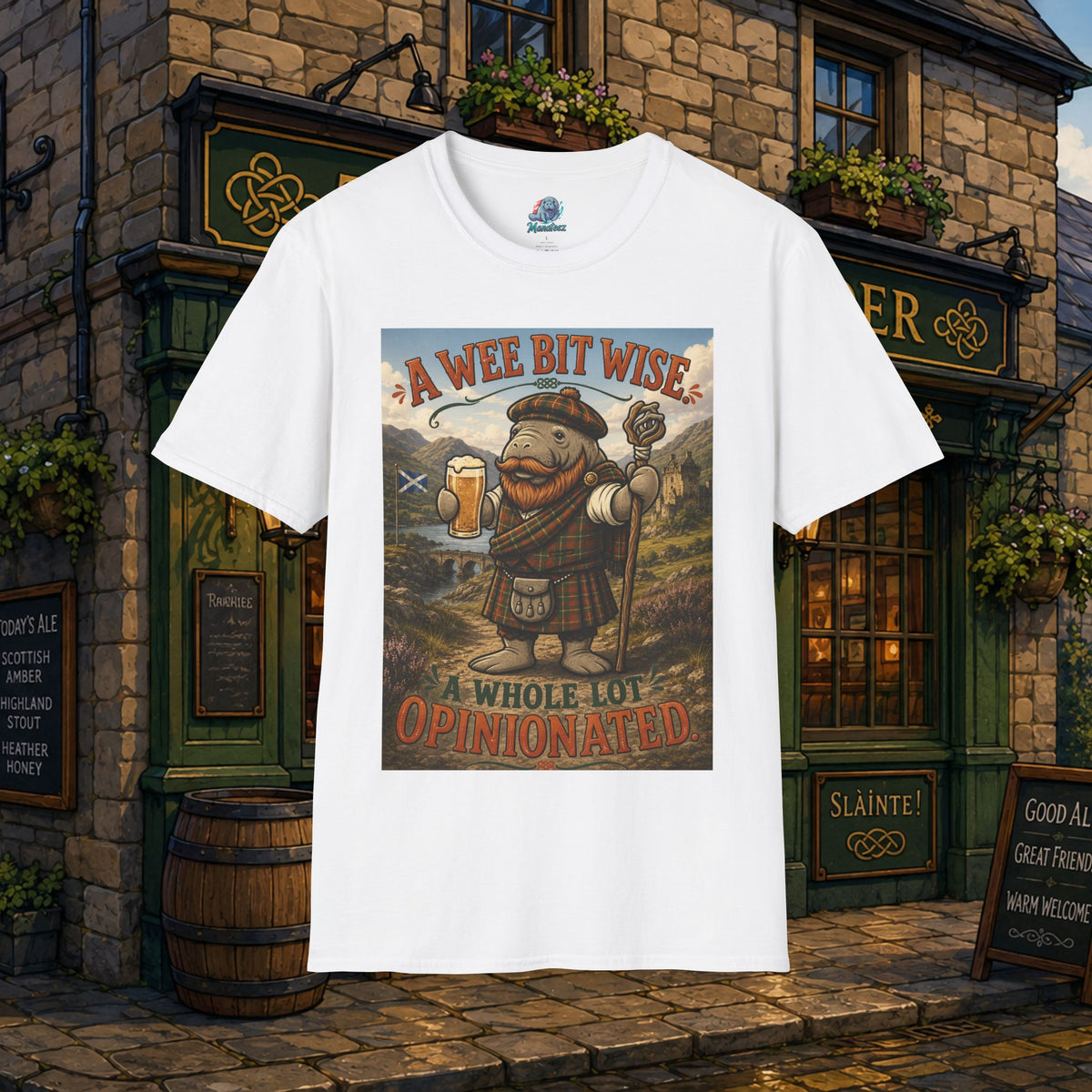 A Wee Bit Wise A Whole Lot Opinionated Shirt | Funny Scottish Manatee Tee | Highland Humor Graphic T-Shirt