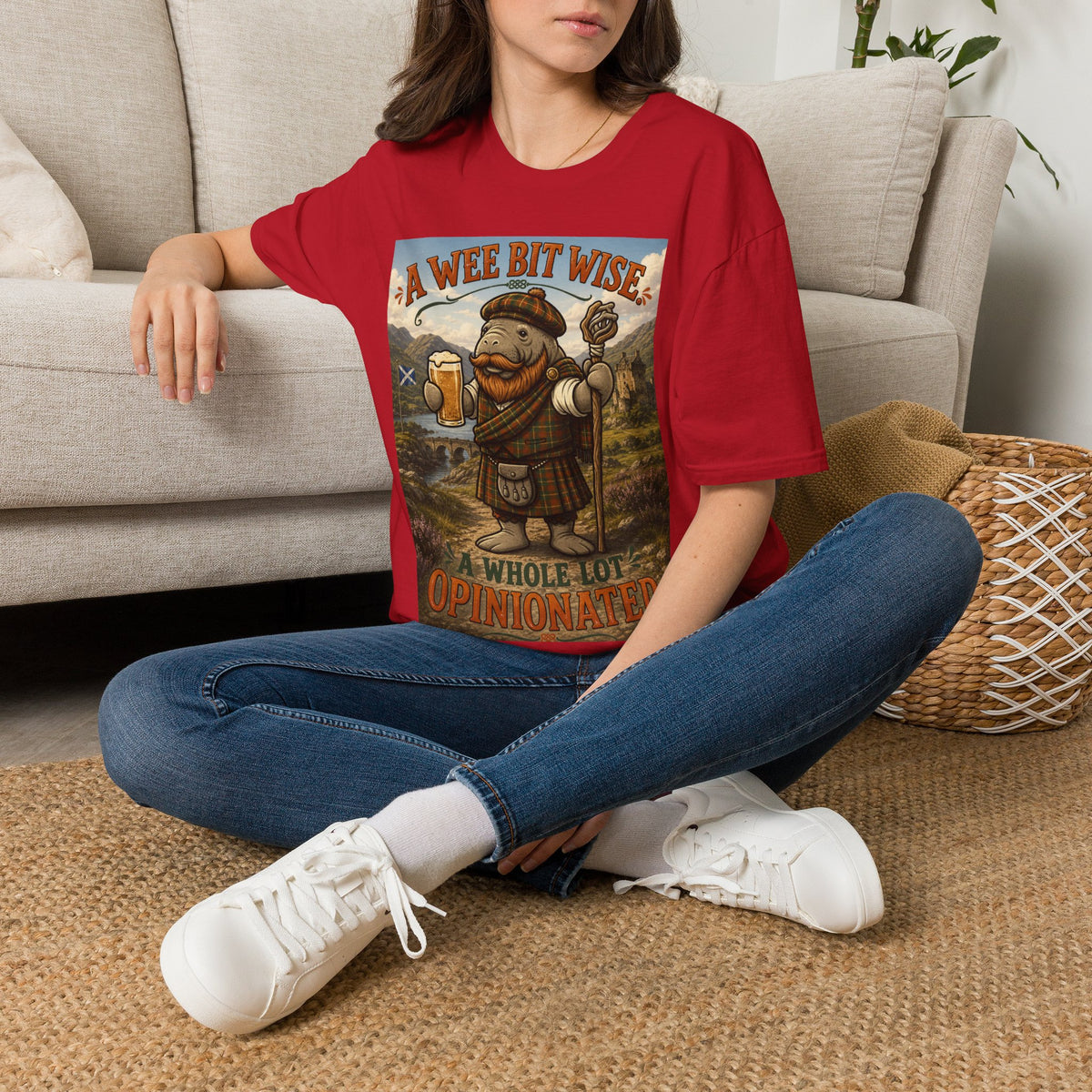 A Wee Bit Wise A Whole Lot Opinionated Shirt | Funny Scottish Manatee Tee | Highland Humor Graphic T-Shirt