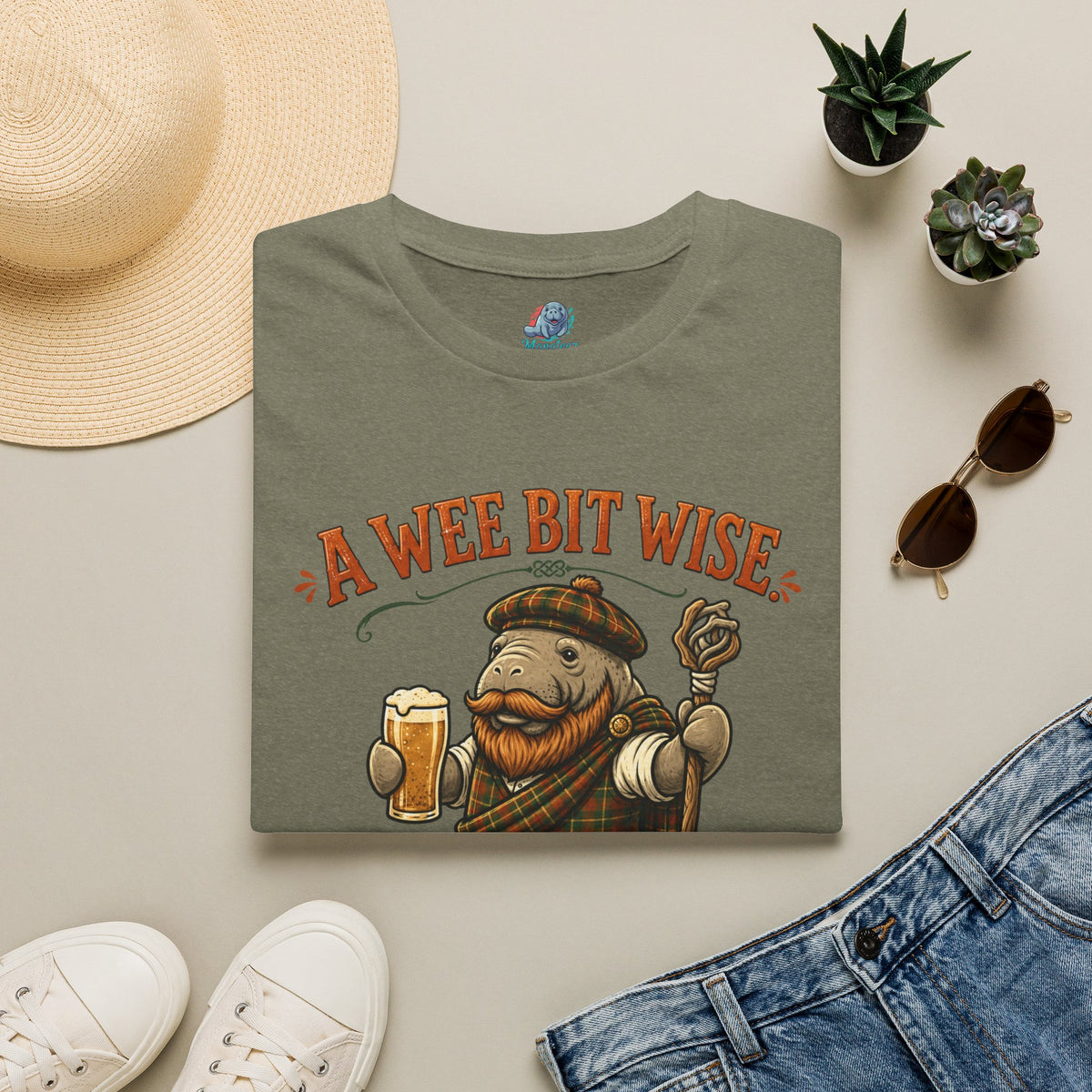 A Wee Bit Wise A Whole Lot Opinionated Shirt | Funny Scottish Manatee Tee | Highland Humor Graphic T-Shirt