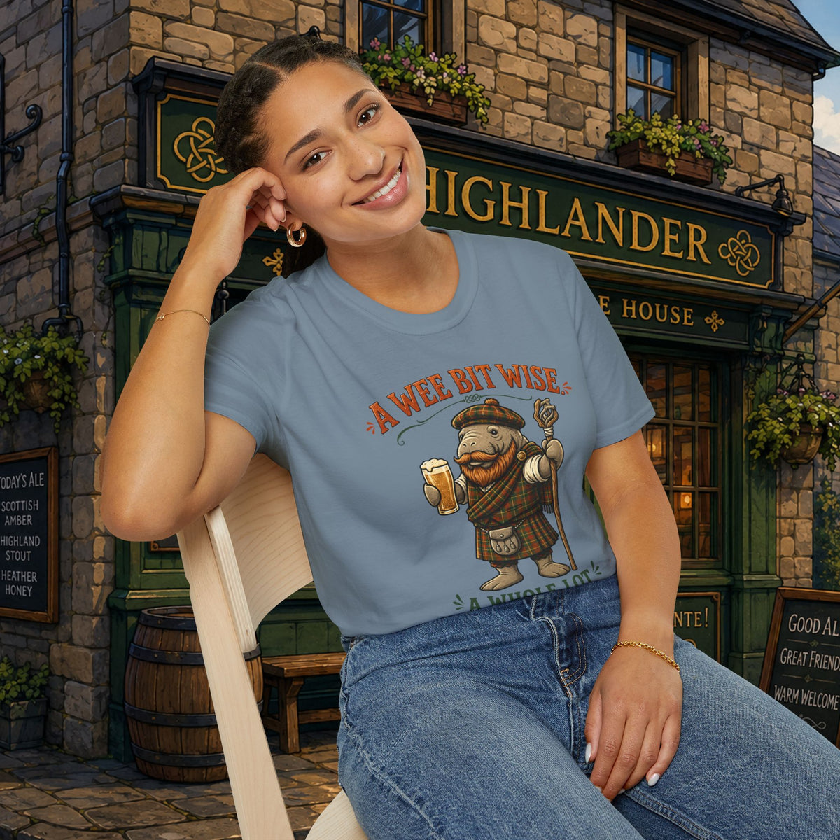A Wee Bit Wise A Whole Lot Opinionated Shirt | Funny Scottish Manatee Tee | Highland Humor Graphic T-Shirt