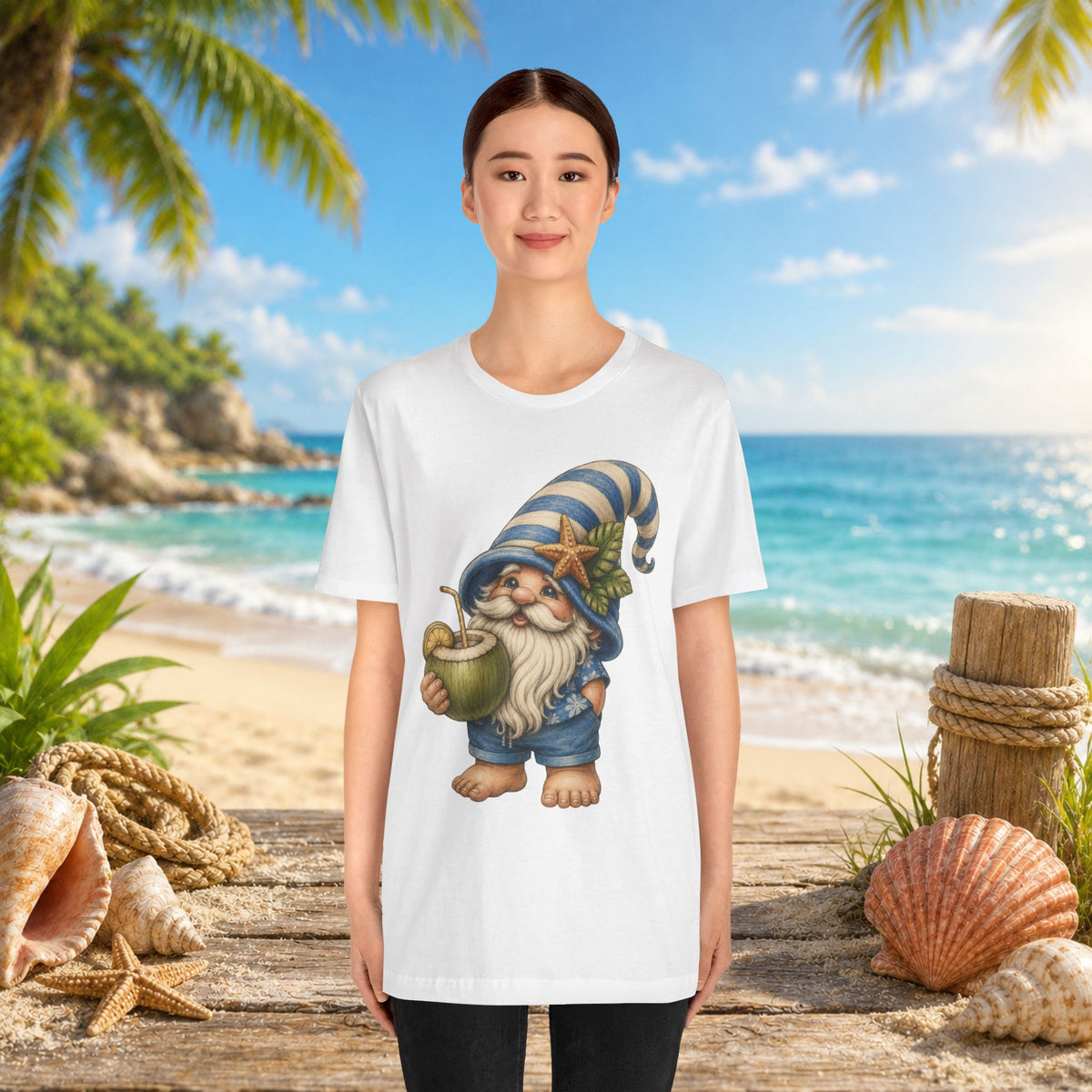 Beach Gnome Drinking Coconut | Coastal Summer Gnome Illustration