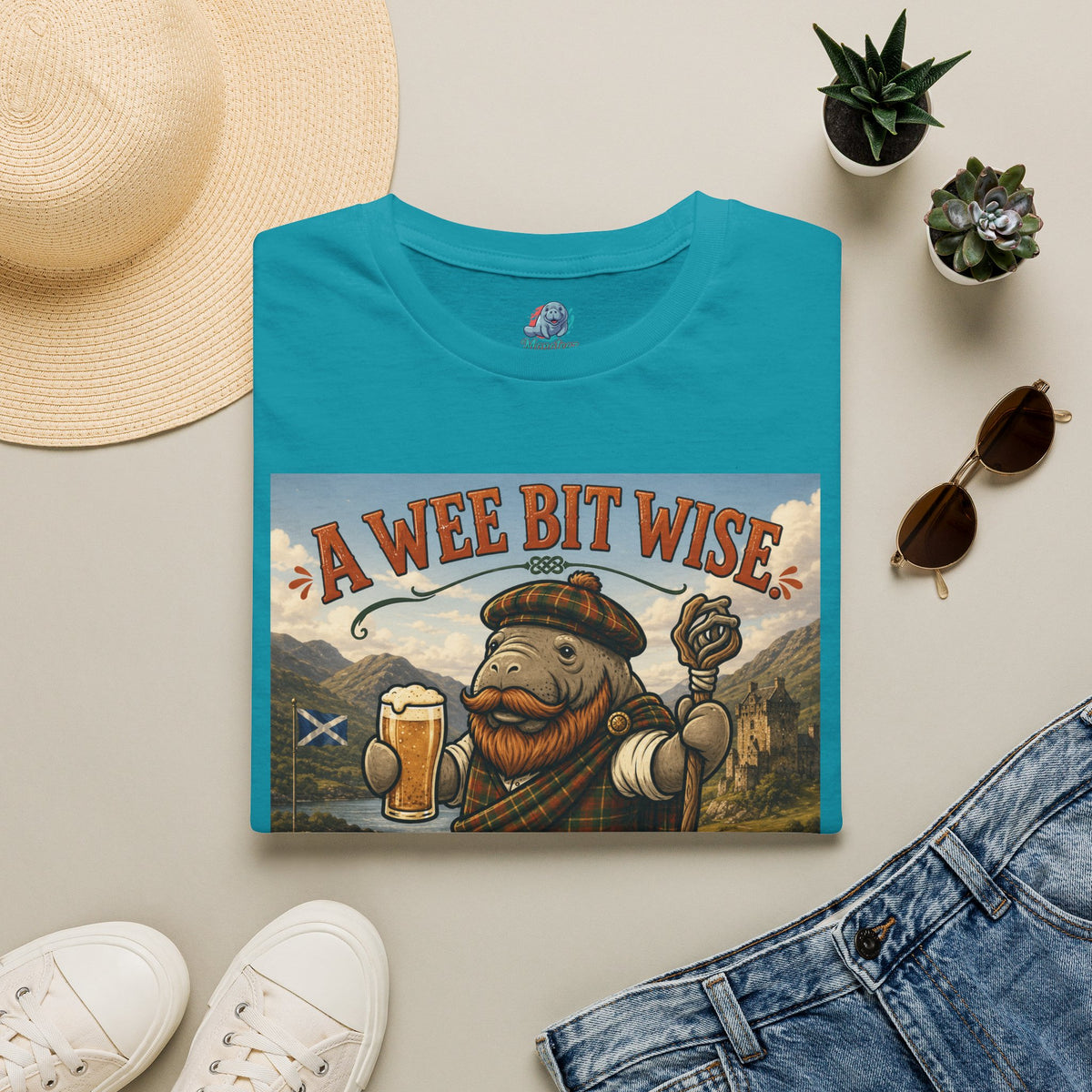 A Wee Bit Wise A Whole Lot Opinionated Shirt | Funny Scottish Manatee Tee | Highland Humor Graphic T-Shirt
