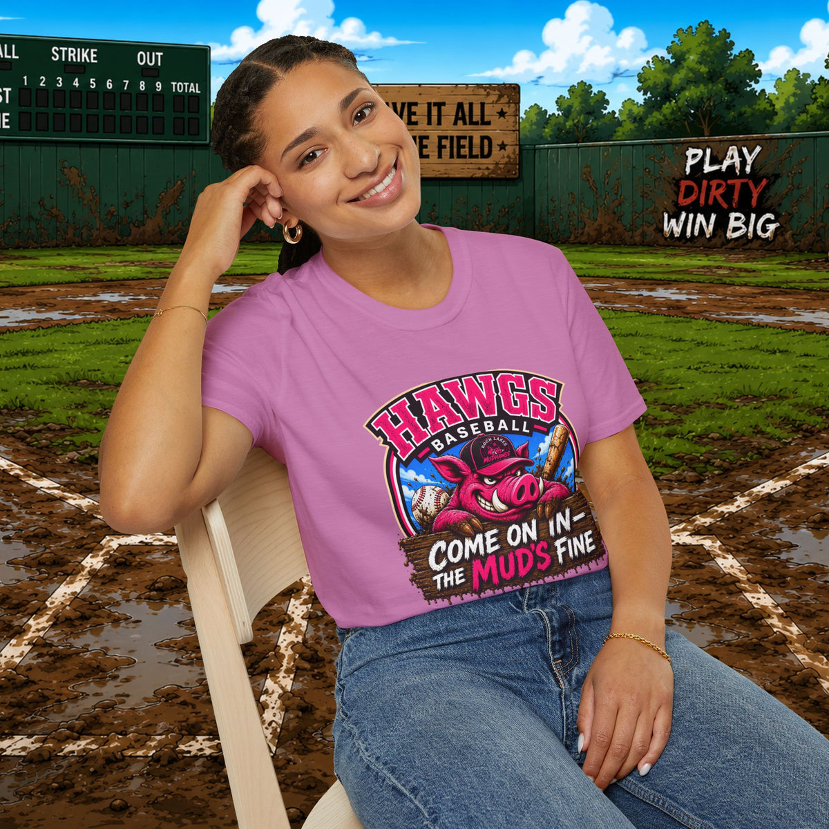 Rock Lakes Mud Hawgs Baseball Shirt | Come On In The Mud's Fine | Funny Pig Baseball Team Tee