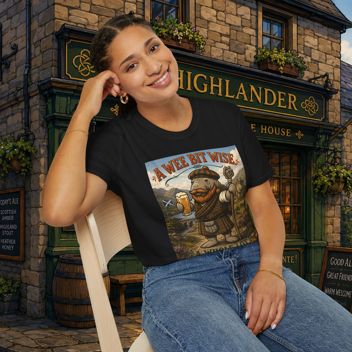 A Wee Bit Wise A Whole Lot Opinionated Shirt | Funny Scottish Manatee Tee | Highland Humor Graphic T-Shirt