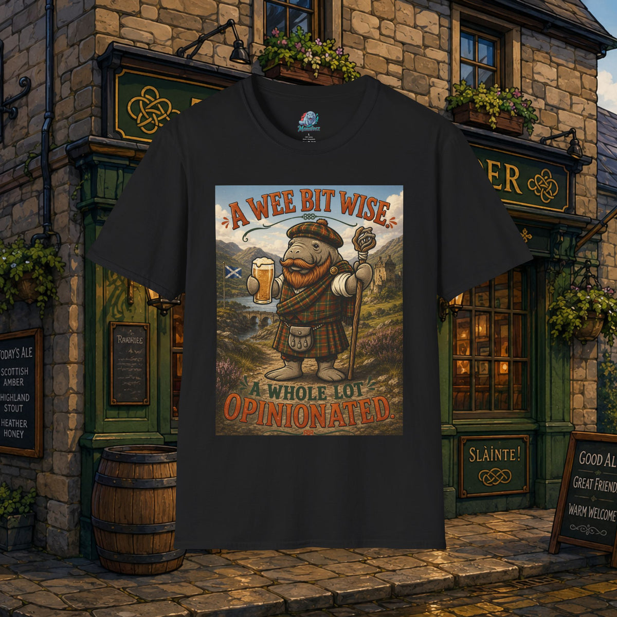 A Wee Bit Wise A Whole Lot Opinionated Shirt | Funny Scottish Manatee Tee | Highland Humor Graphic T-Shirt