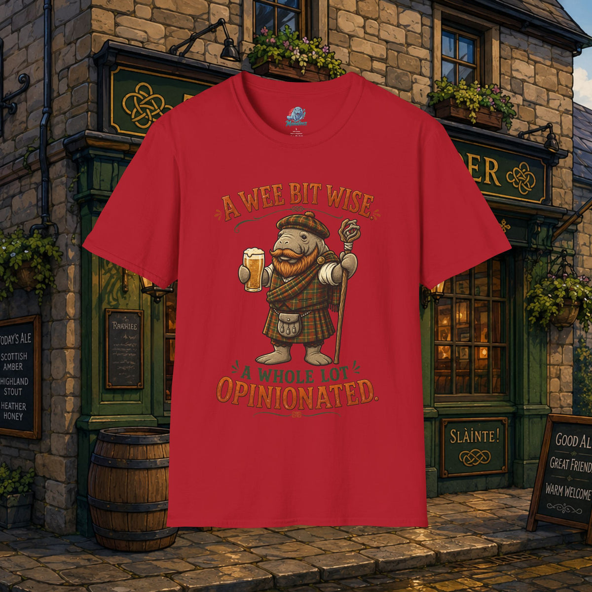 A Wee Bit Wise A Whole Lot Opinionated Shirt | Funny Scottish Manatee Tee | Highland Humor Graphic T-Shirt